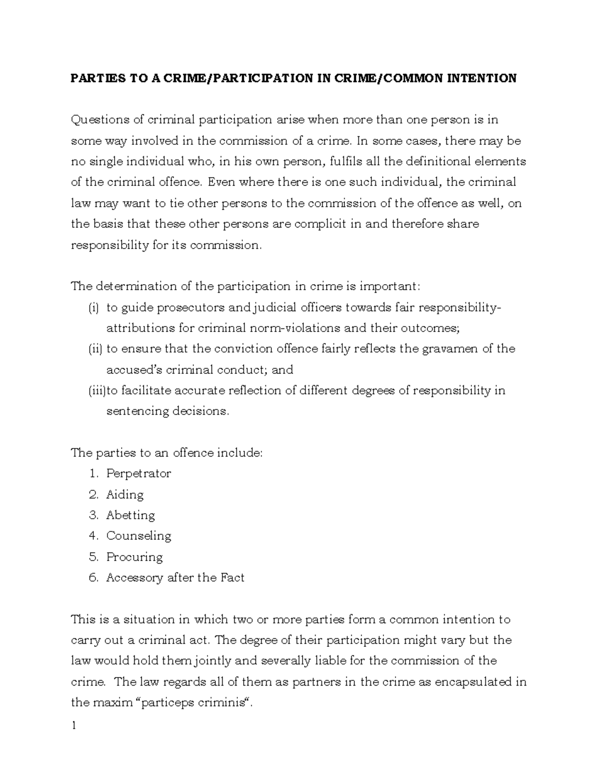 Parties to an offence guiding notes - PARTIES TO A CRIME/PARTICIPATION ...