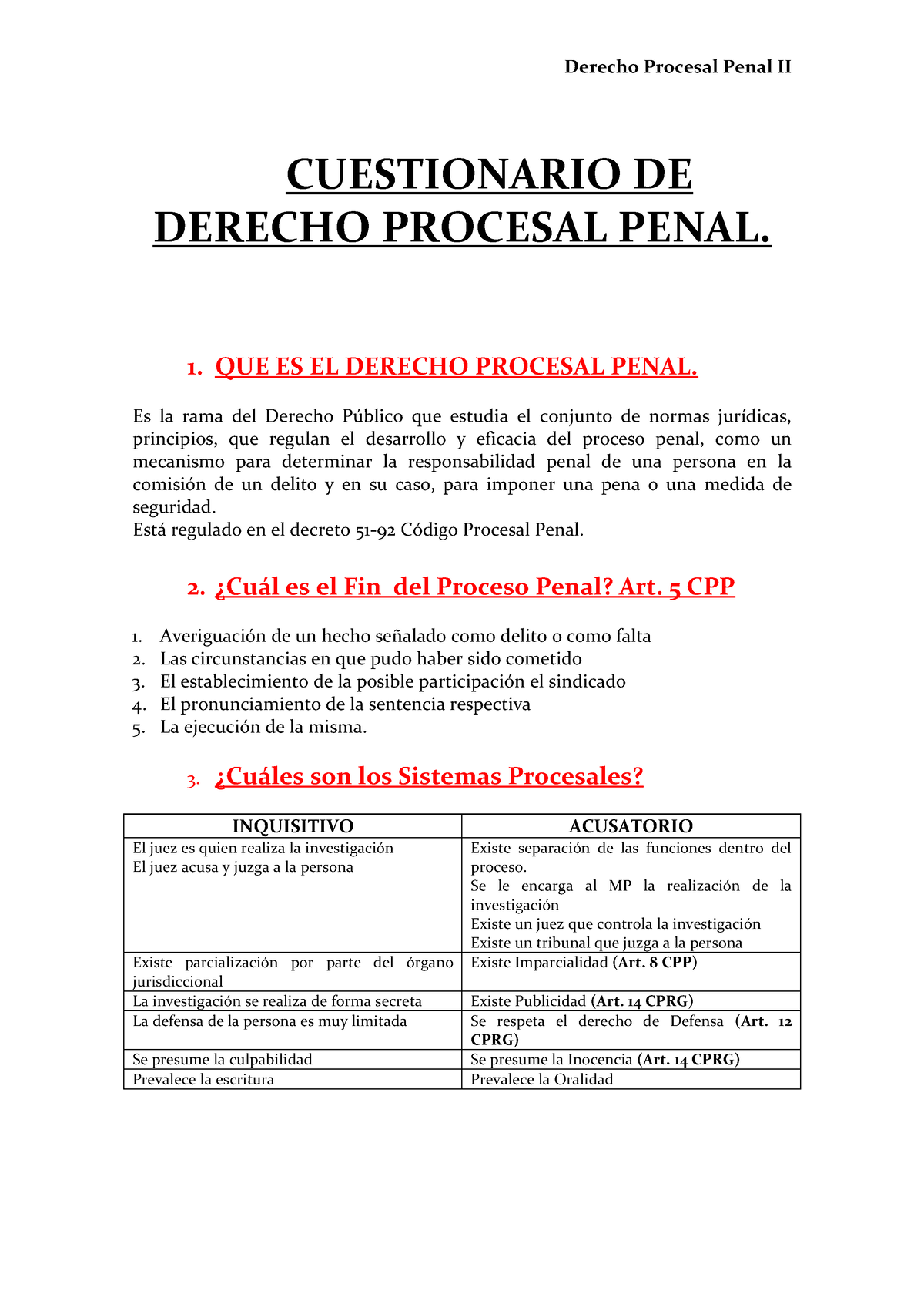 Cuestionario DE Derecho Procesal Penal - CUESTIONARIO DE DERECHO ...