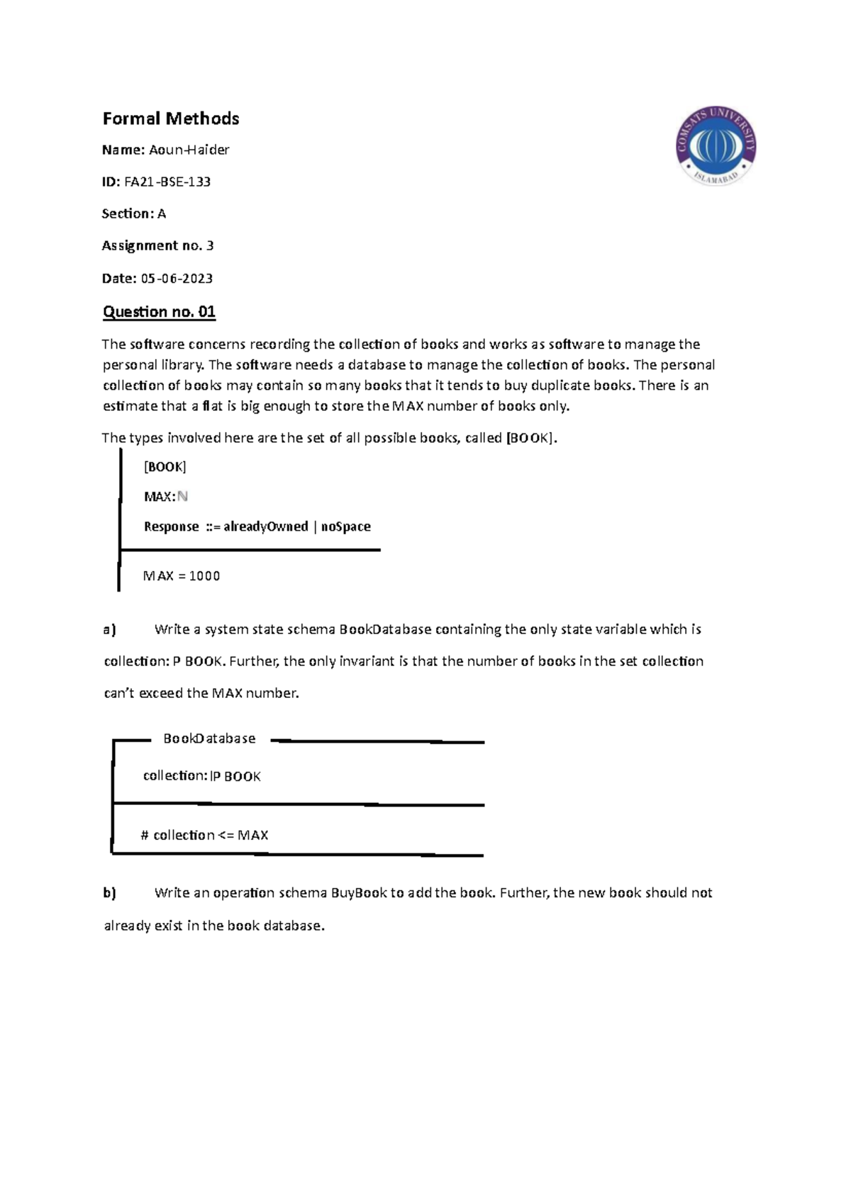 FA21-BSE-133(A2) - Formal Methods Name: Aoun-Haider ID: FA21-BSE- 133 ...