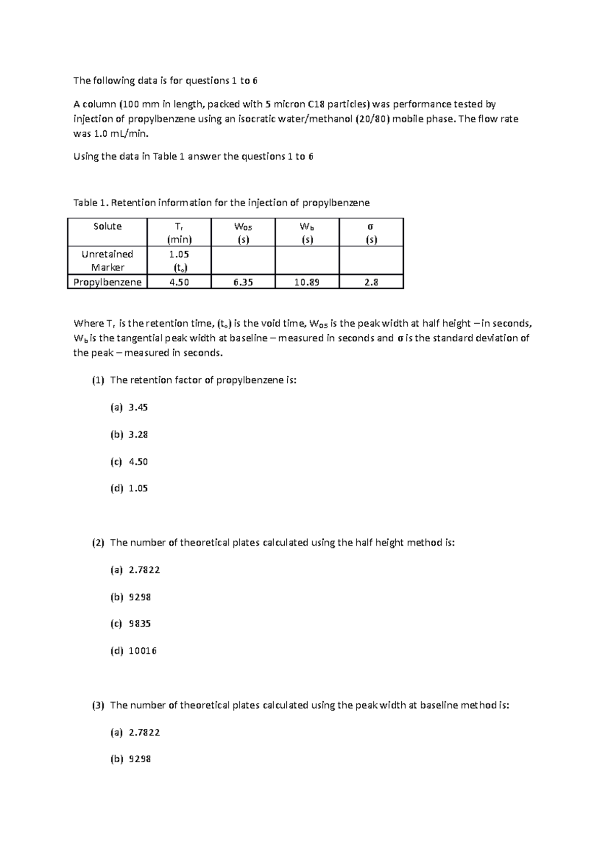 Hplc Questions Work The Following Data Is For Questions To A