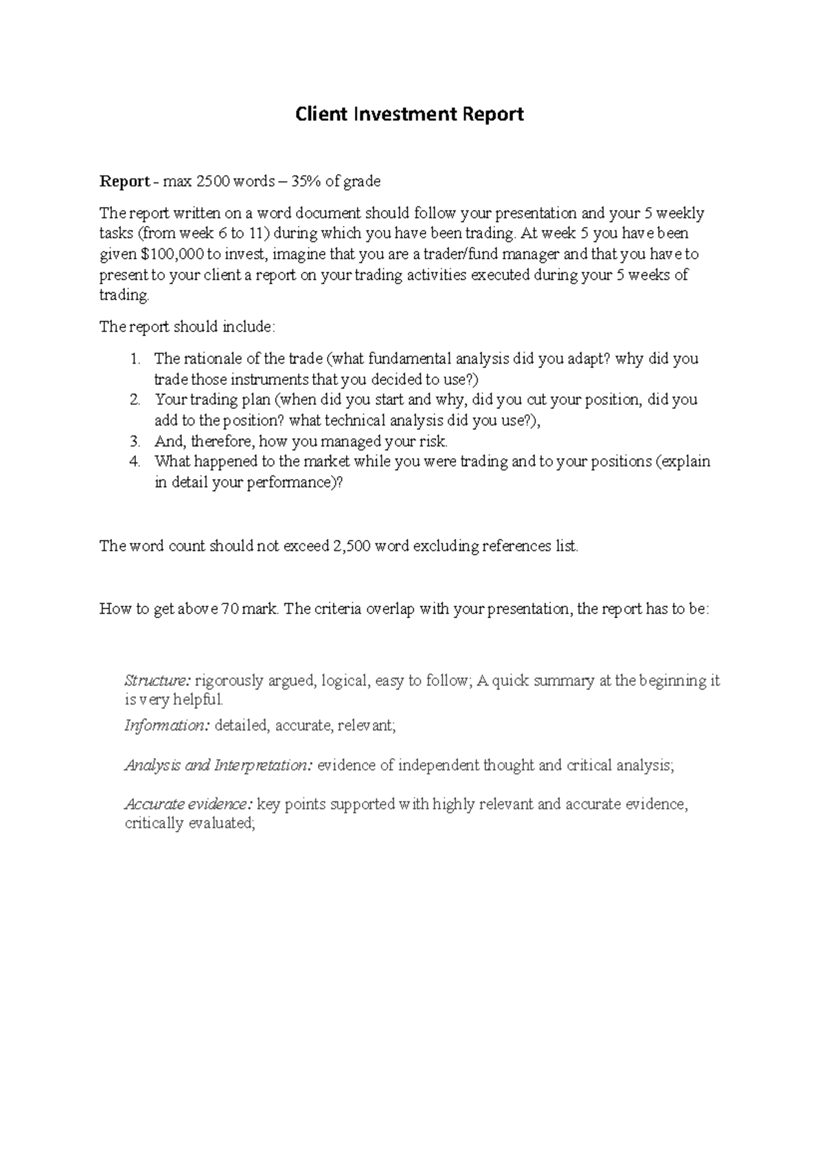 Report instruction - Past Paper - Client Investment Report Report - max ...
