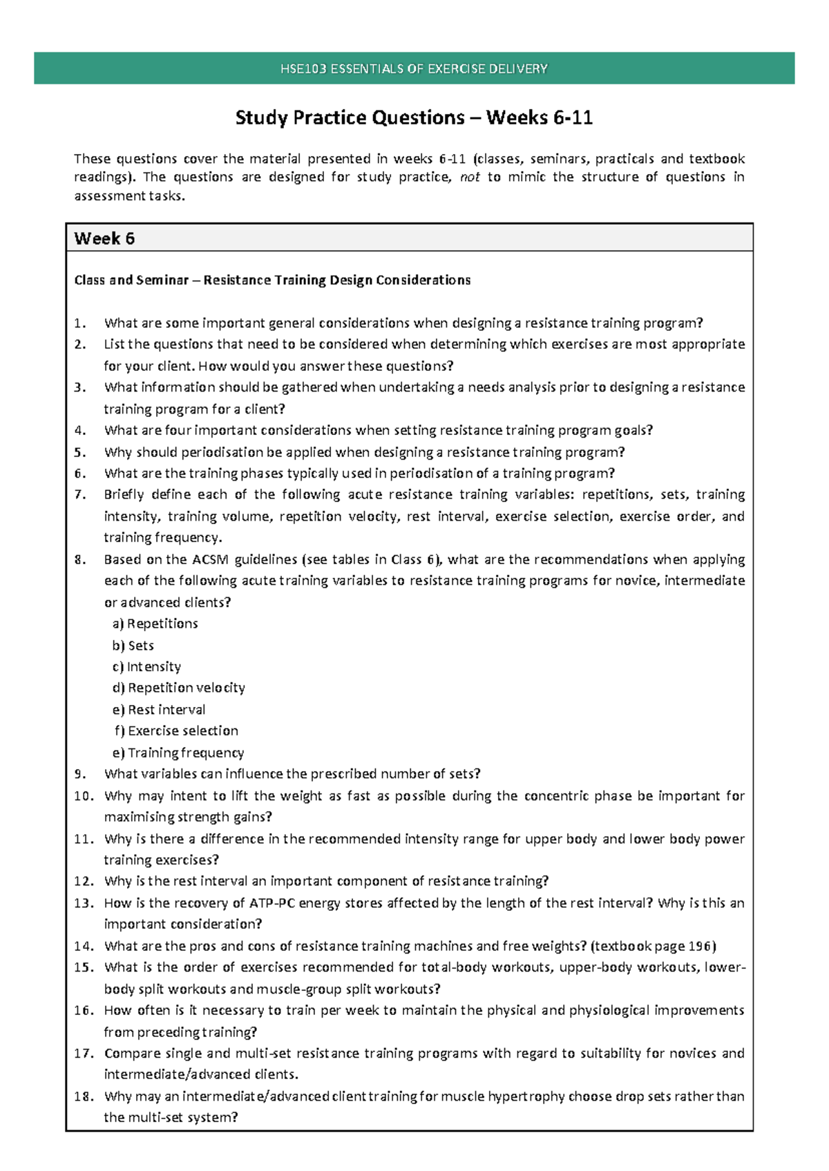 Study Practice Questions Weeks 6-11 (2020) - Study Practice Questions ...