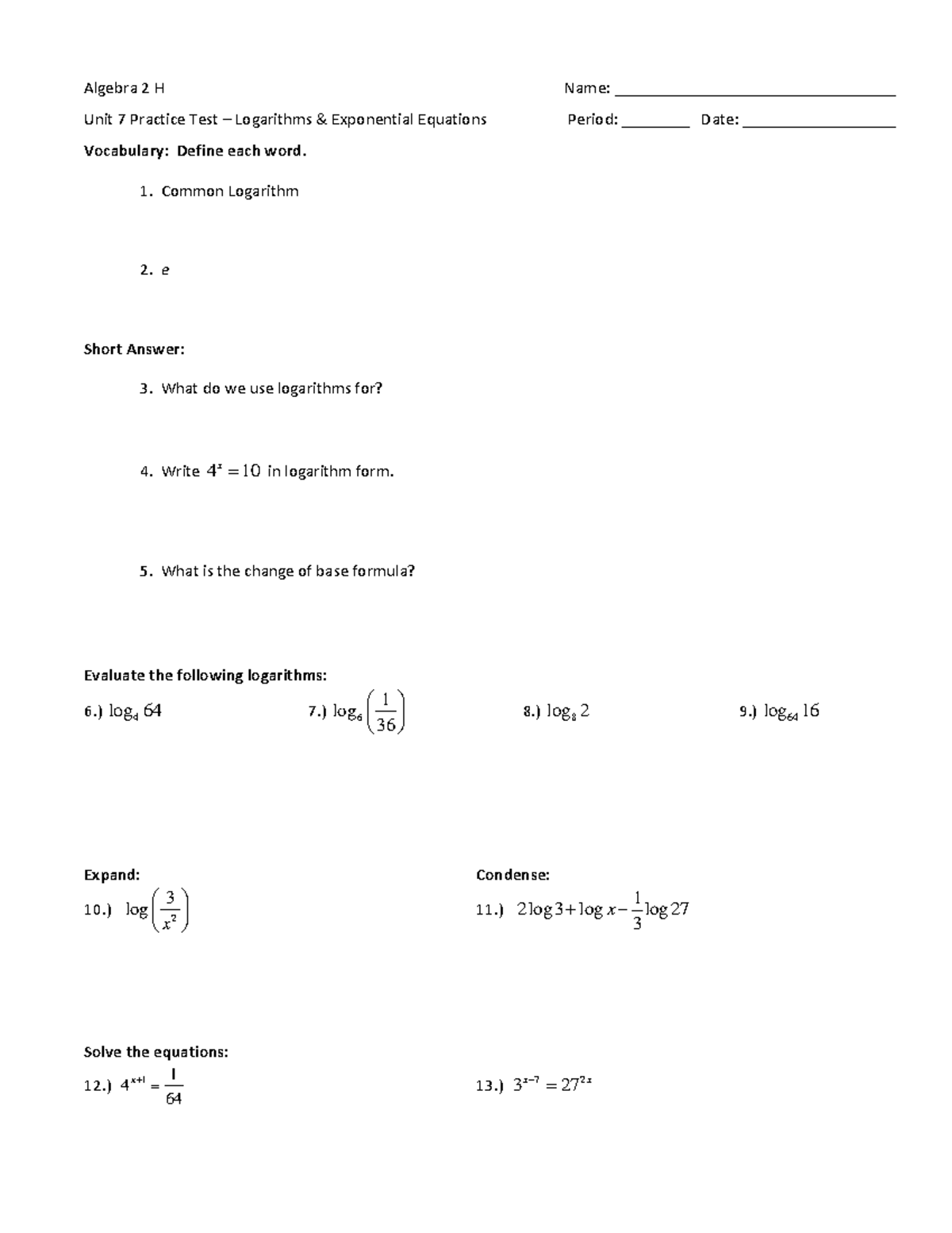 logarithms prac - Algebra 2 H Name ...