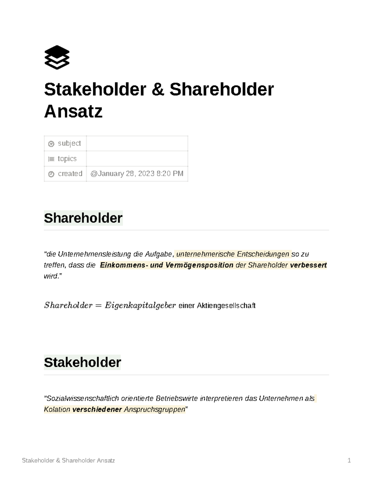 Stakeholder Shareholder Ansatz Stakeholder & Shareholder Ansatz 1