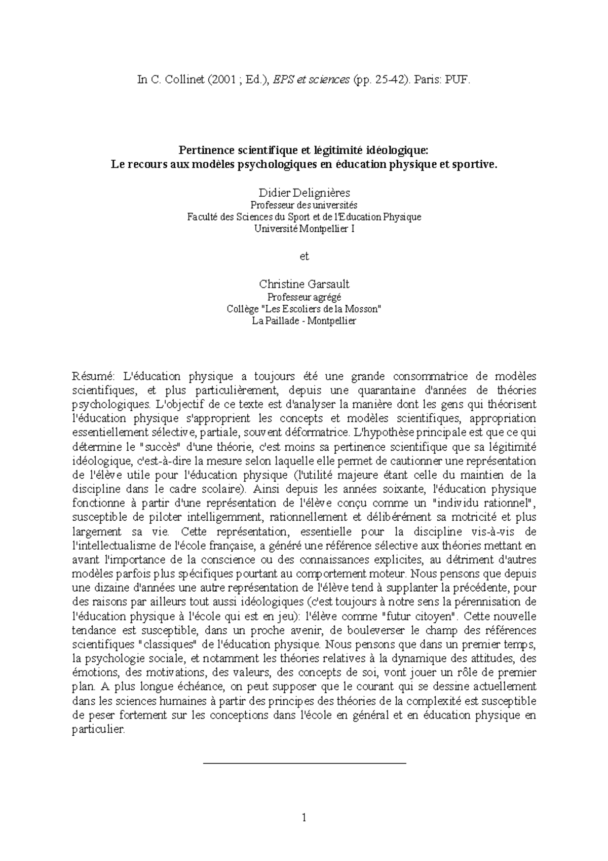 Delignières Garsault 2001 Pertinence scientifique légitimité ...