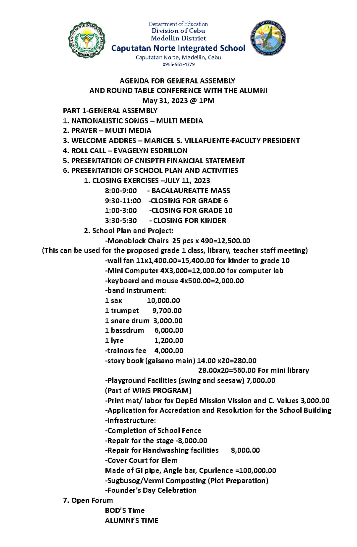 1agenda-for-first-general-assembly - Department of Education Division ...
