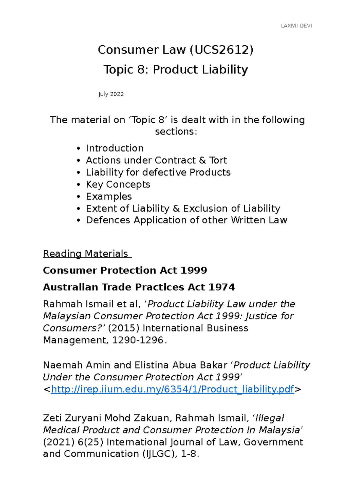Topic 8 Product Liability - Consumer Law (UCS2612) Topic 8: Product ...