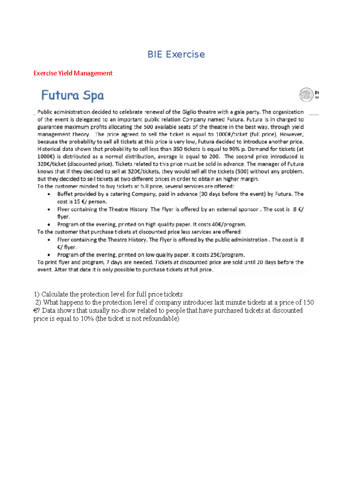 Operations Exercise BIE Exercise Exercise Yield Management Calculate