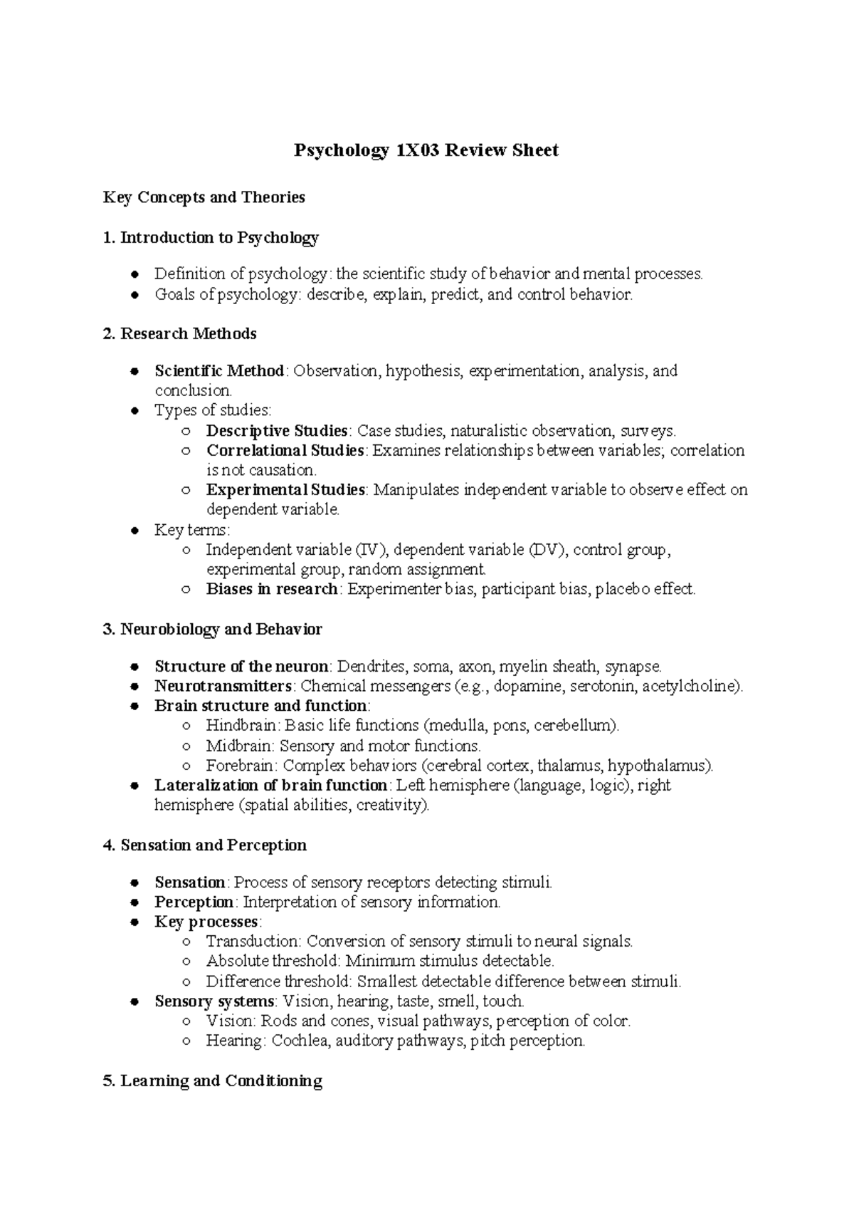 Cumulative Notes - Psychology 1X03 Review Sheet Key Concepts And ...