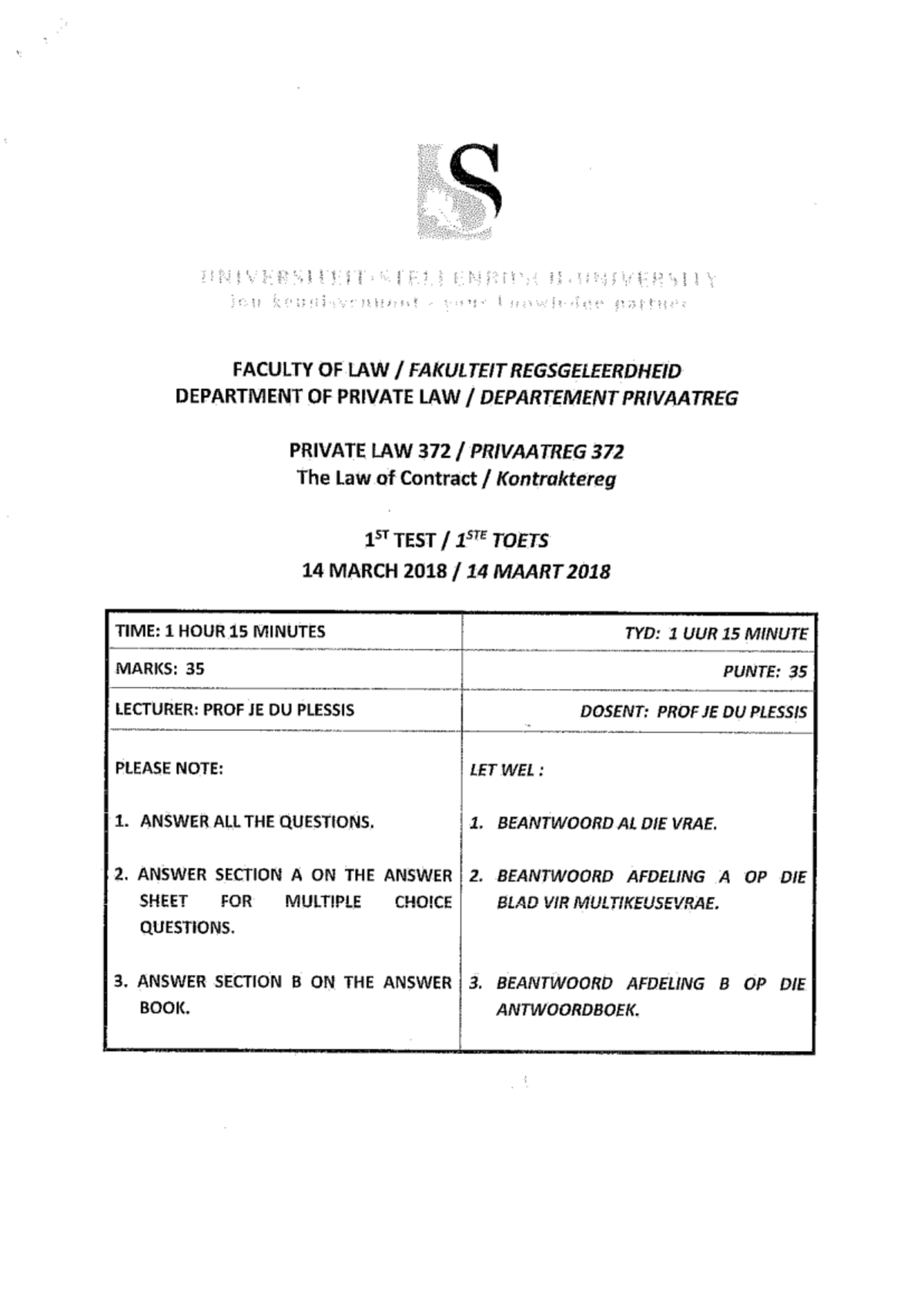 Past papers contracts - Private Law 372 - Studocu