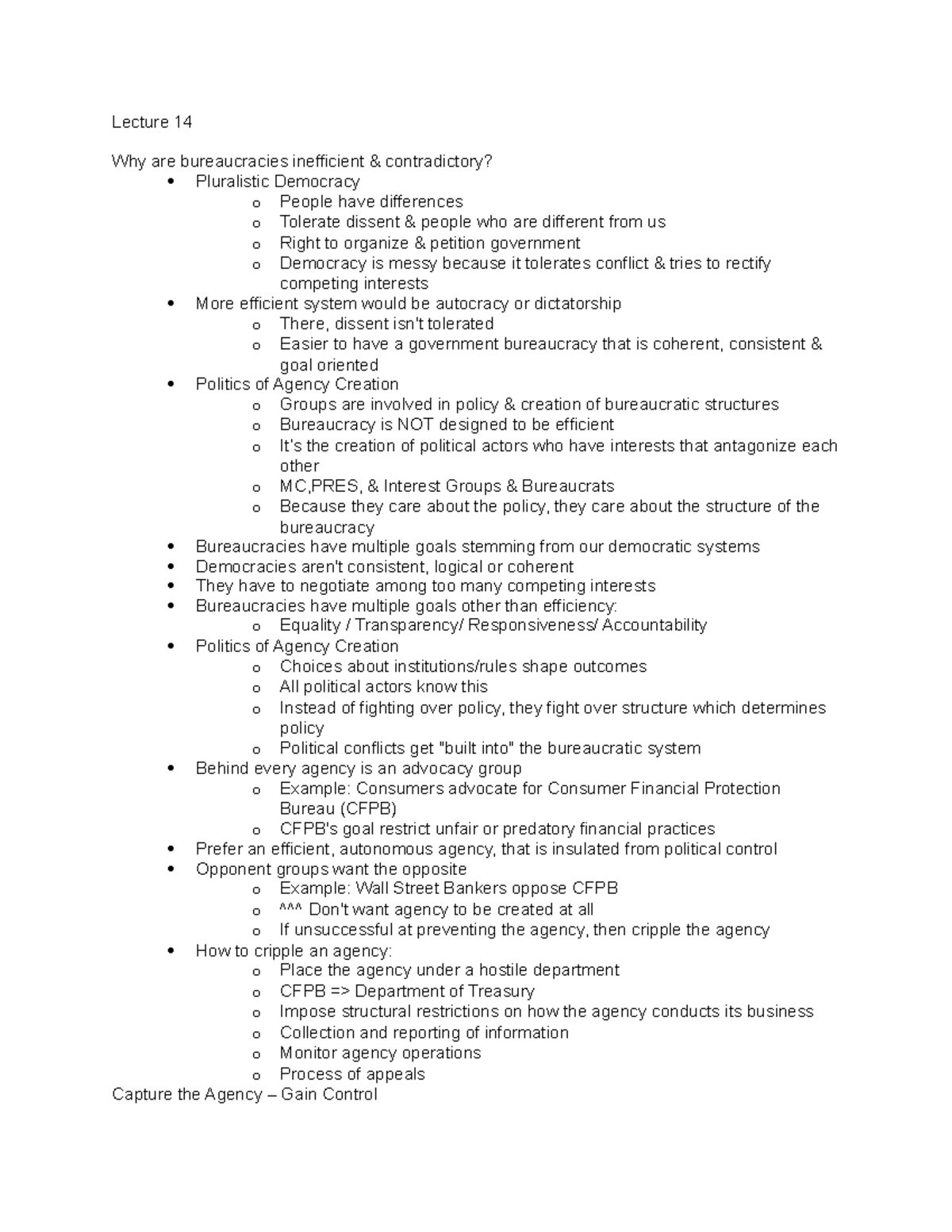 Pols 206 - Lecture notes 14 - Lecture 14 Why are bureaucracies ...