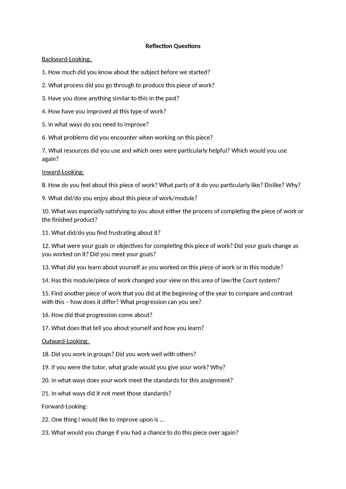 Reflection Questions - Tagged - Reflection Questions Backward-Looking ...