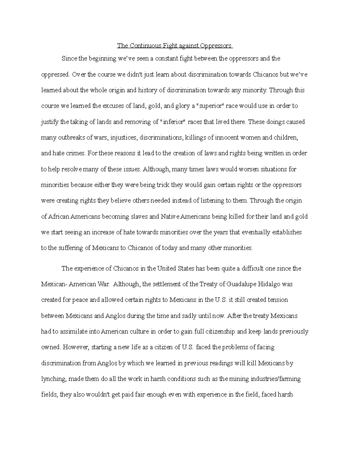 Final Essay - Grade: A - The Continuous Fight against Oppressors Since ...