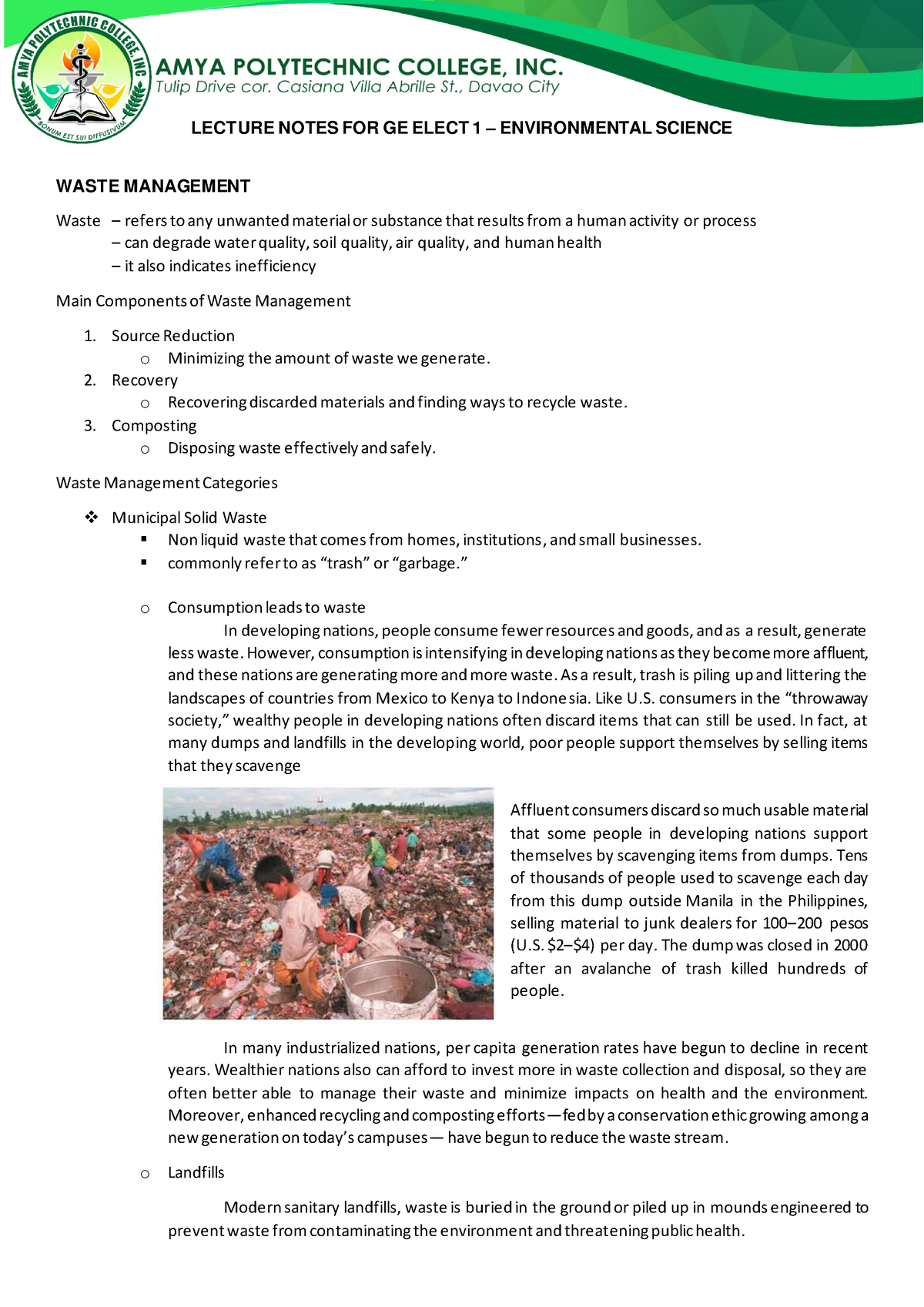 Waste Management - LECTURE NOTES FOR GE ELECT 1 – ENVIRONMENTAL SCIENCE ...