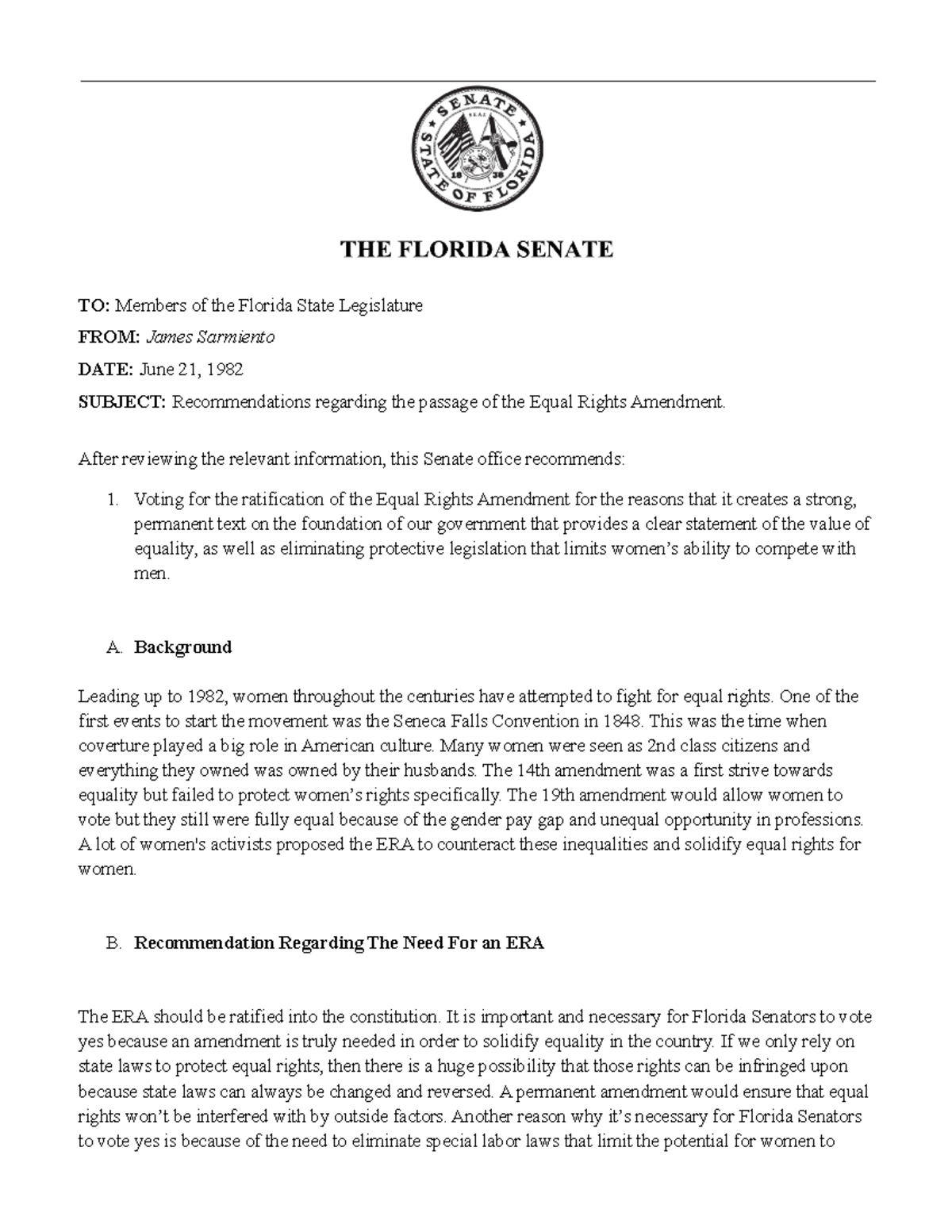 Policy Memo Template - Equal Rights Amendment - TO: Members of the ...