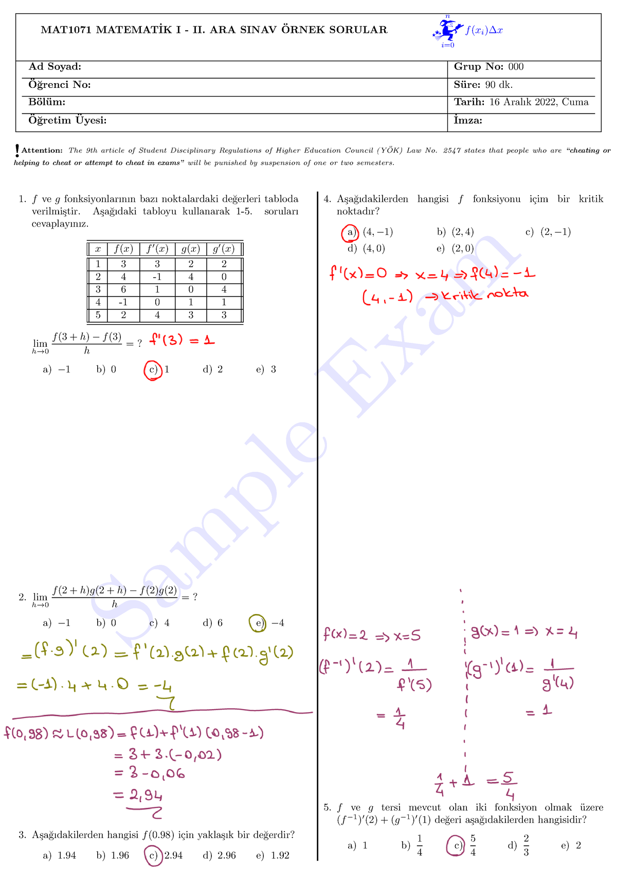 Mat 1071 Rnek S Nav 2-çözümleri - Sample Exam MAT1071 MATEMAT ̇IK I ...