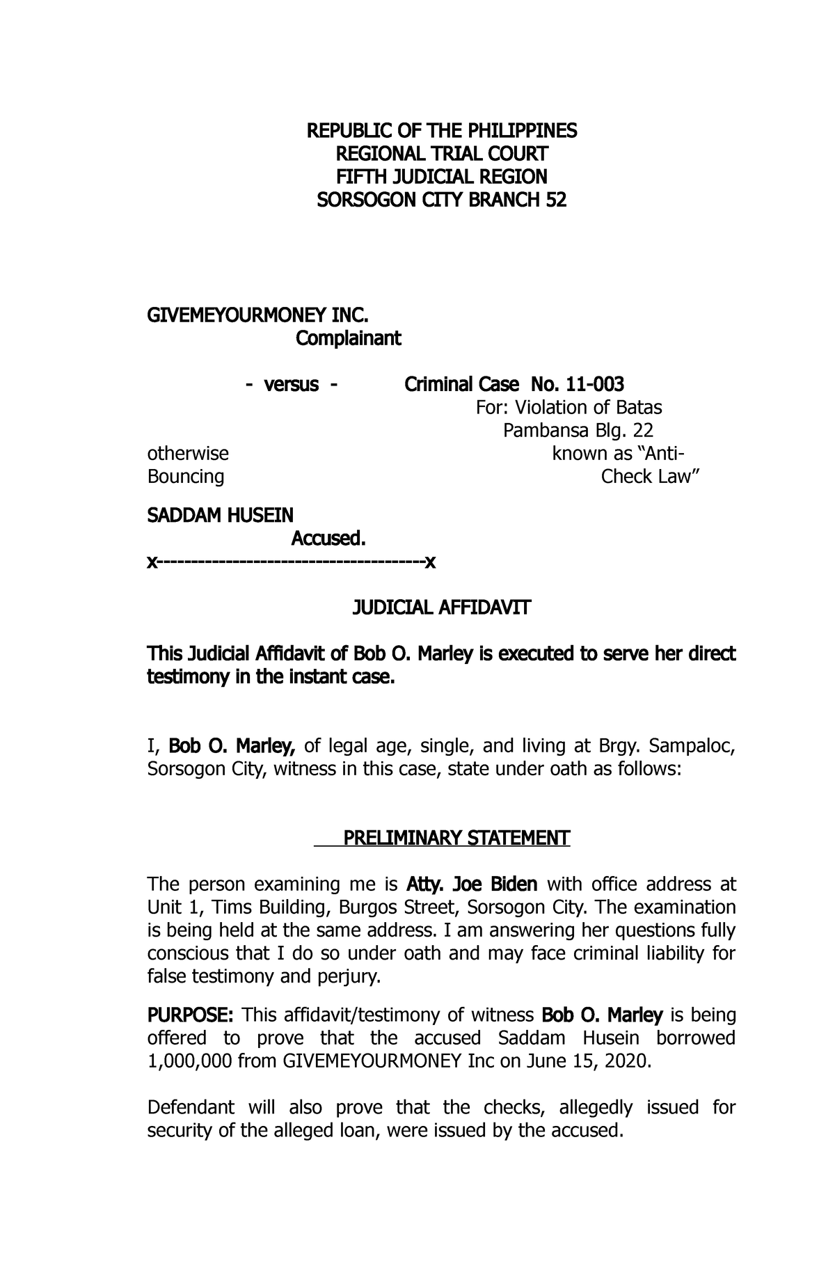 Judicial Affidavit Sample Republic Of The Philippines Regional Trial Court Fifth Judicial 6713