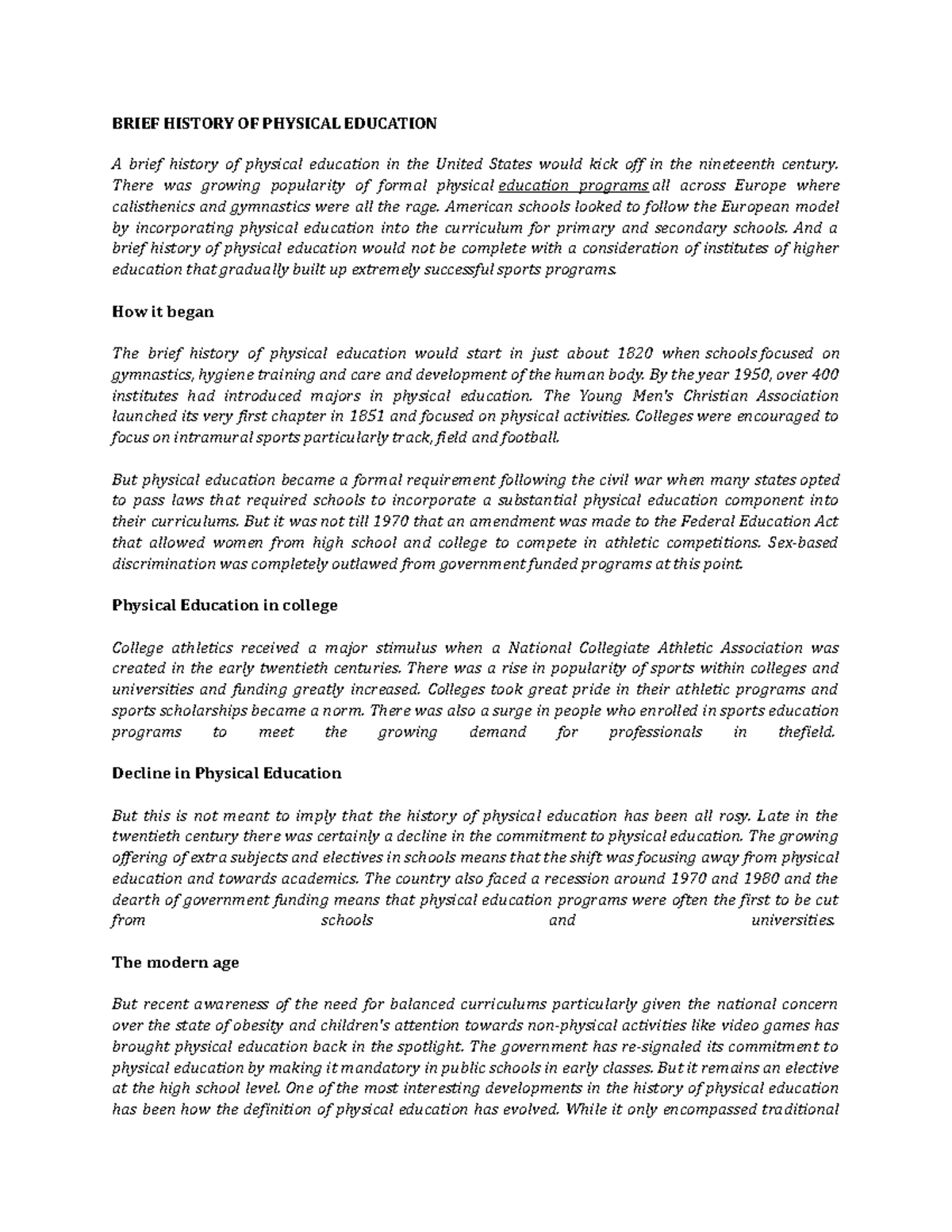 Brief History OF Physical Education - BRIEF HISTORY OF PHYSICAL ...