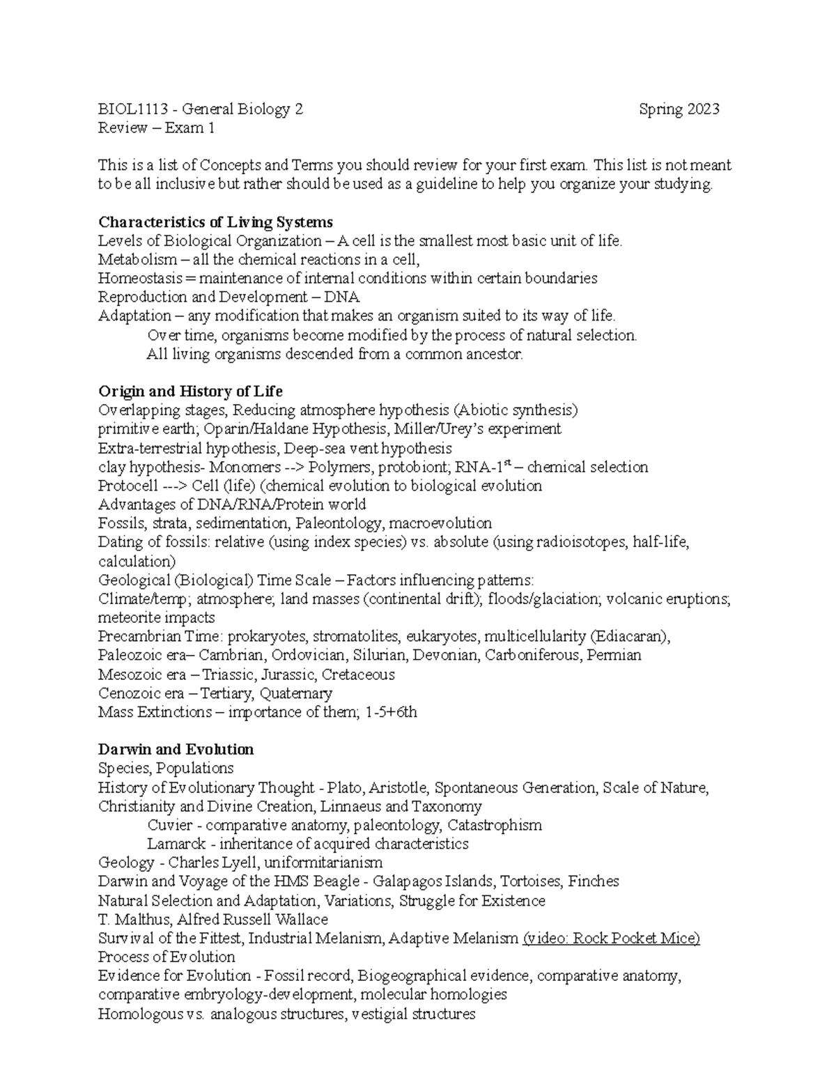 Review Ex 1 - BIOL1113 - General Biology 2 Spring 2023 Review – Exam 1 ...