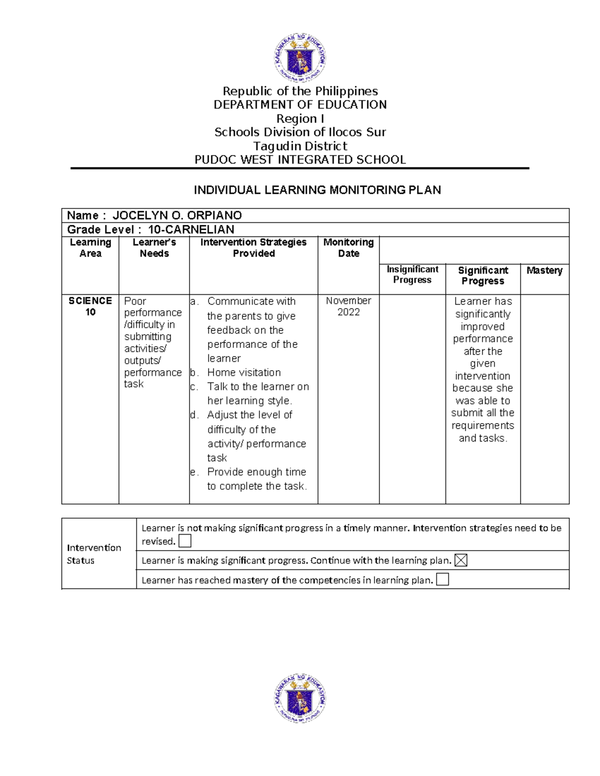 Module 3A-5. Individual Learning Monitoring PLAN - Republic of the ...