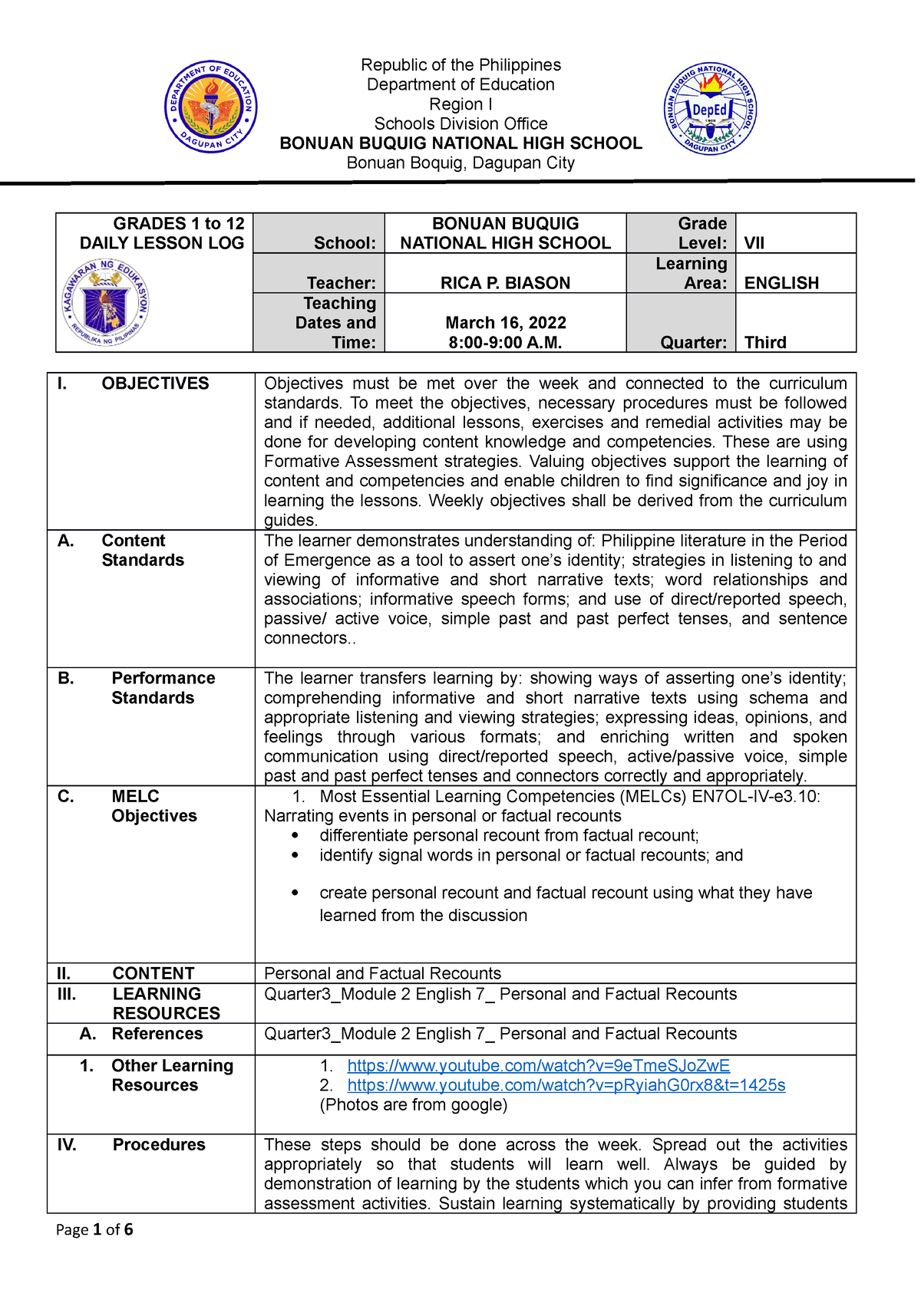 DLL Personal and Factual Recounts - Department of Education Region I ...