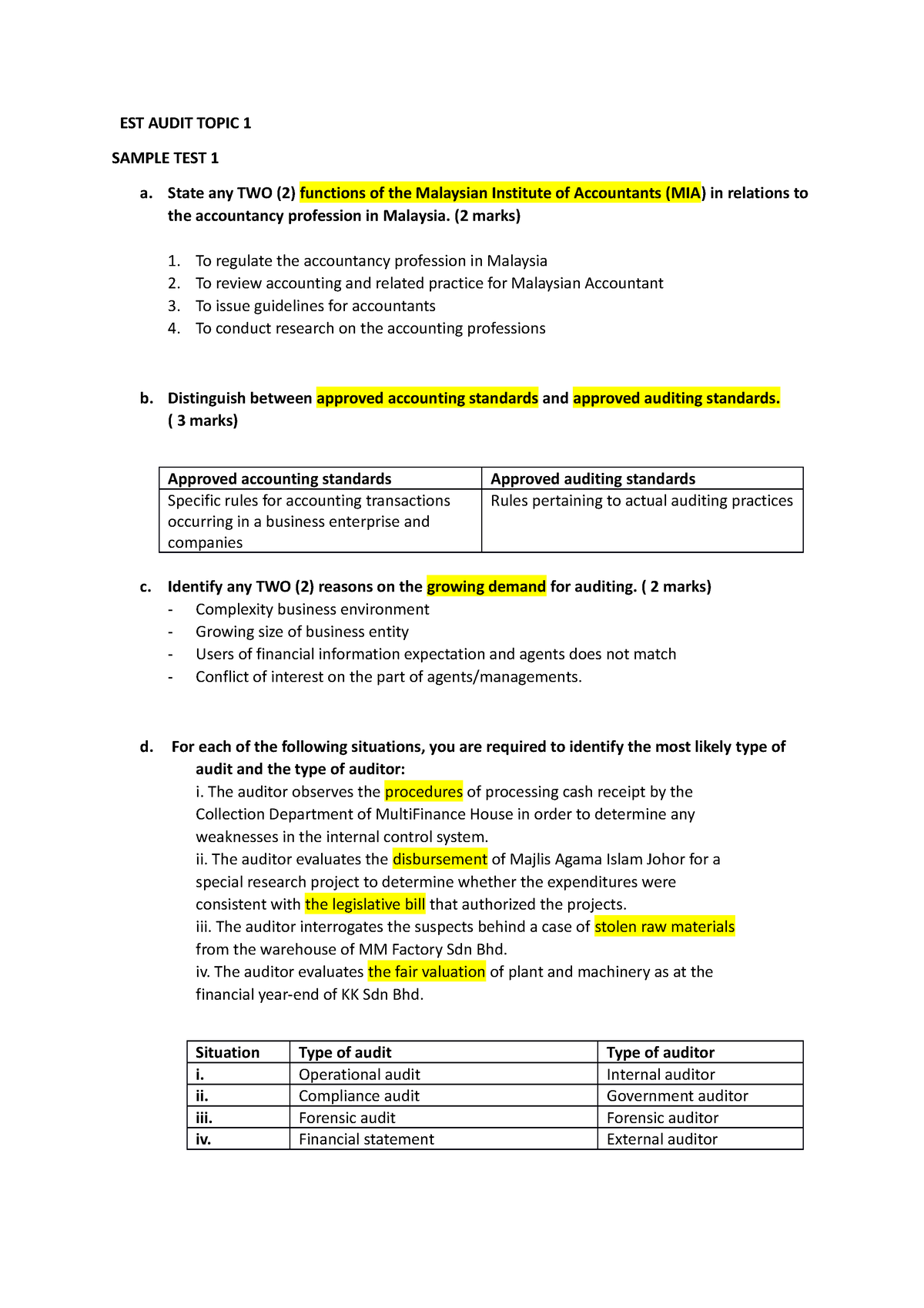 TEST Audit - hjk - EST AUDIT TOPIC 1 SAMPLE TEST 1 a. State any TWO (2 ...