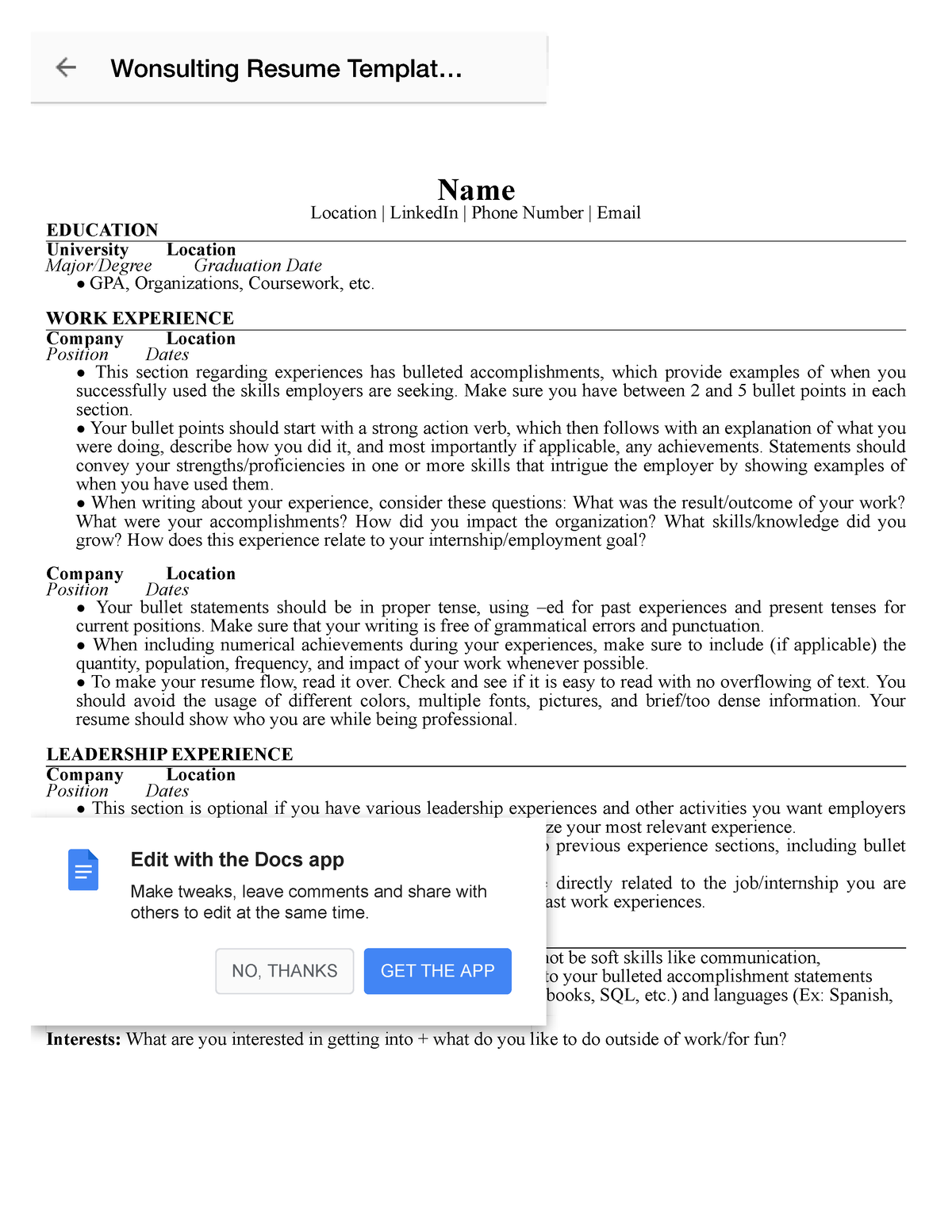 Wonsulting Resume Template (FILE MAKE A COPY) Name Location