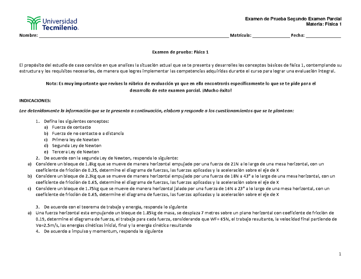 Exame De Prueba Segundo Examen Parcial Fisica 1 - Examen De Prueba ...