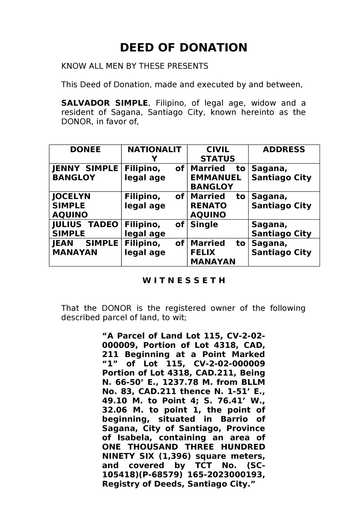 DEED OF Donation Salvador Simple - DEED OF DONATION KNOW ALL MEN BY ...