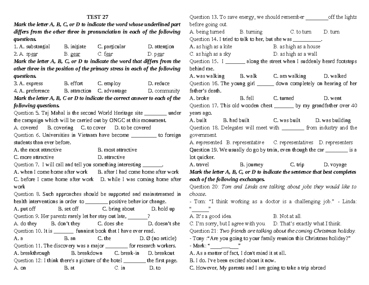 TEST 27 - Luyện tập - TEST 27 Mark the letter A, B, C, or D to indicate ...