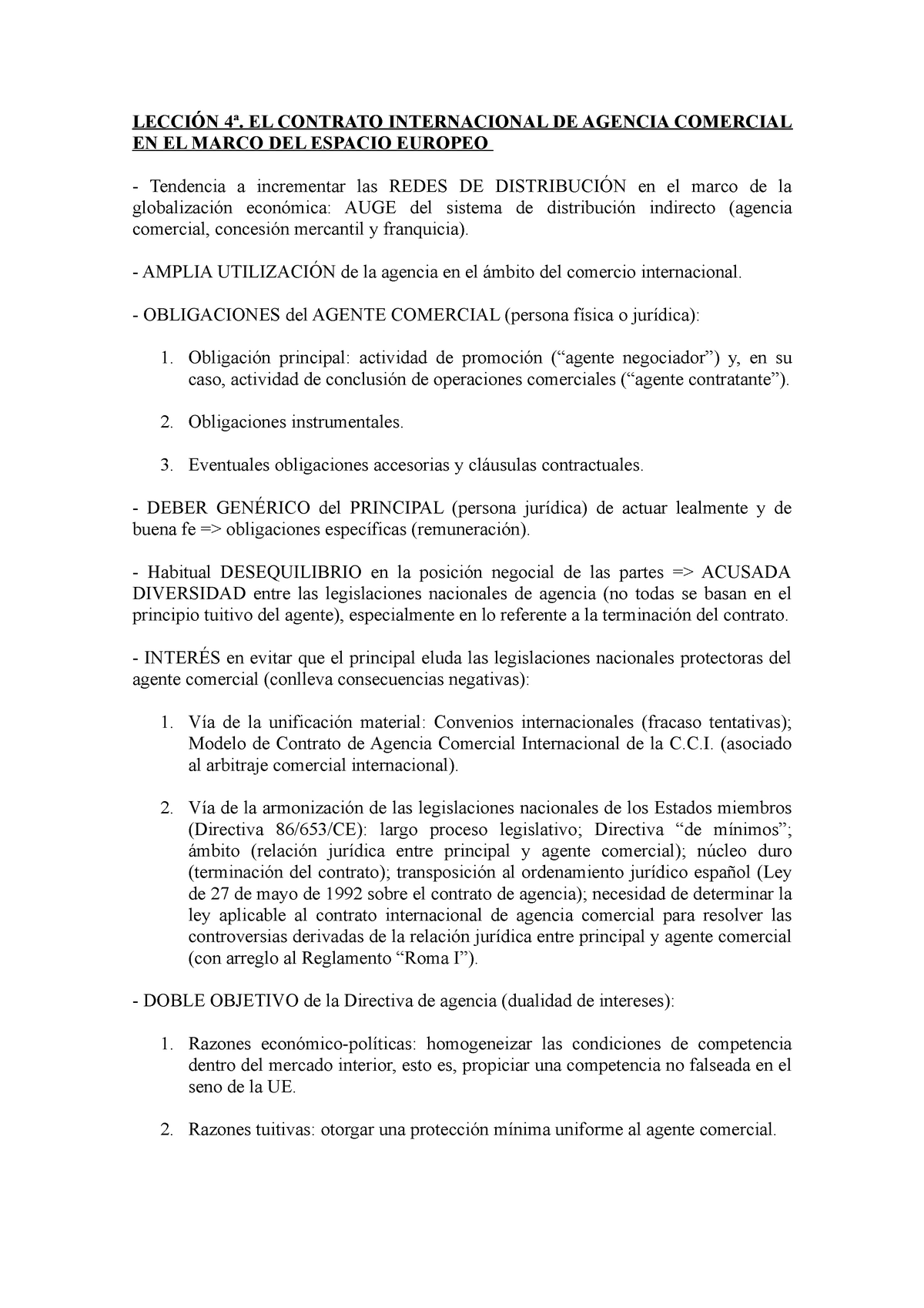 Lección 4ª (contrato internacional de agencia comercial) - Derecho  Internacional. Derecho de la UE - Studocu