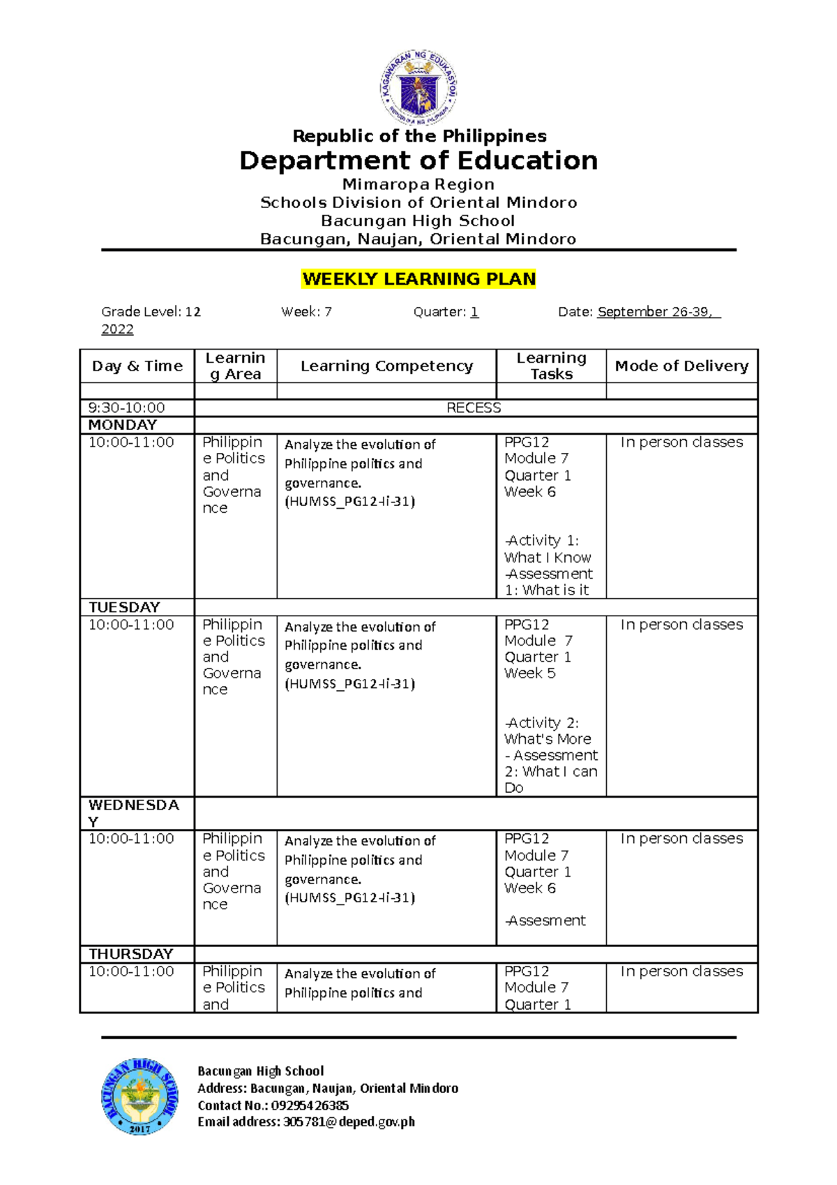 2022 2023weekly Home Learning Plan Week 6 Department Of Education Mimaropa Region Schools 7678