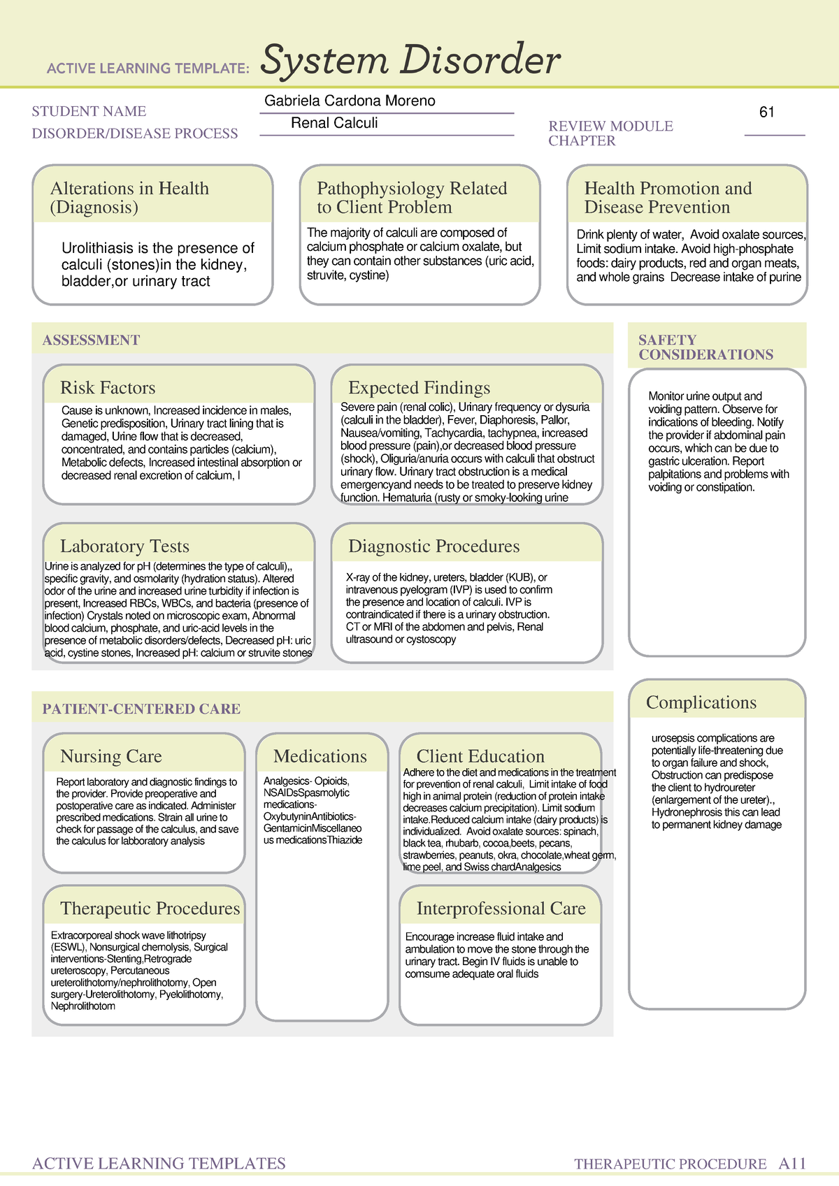 System Disorder form renal calculi - STUDENT NAME DISORDER/DISEASE ...