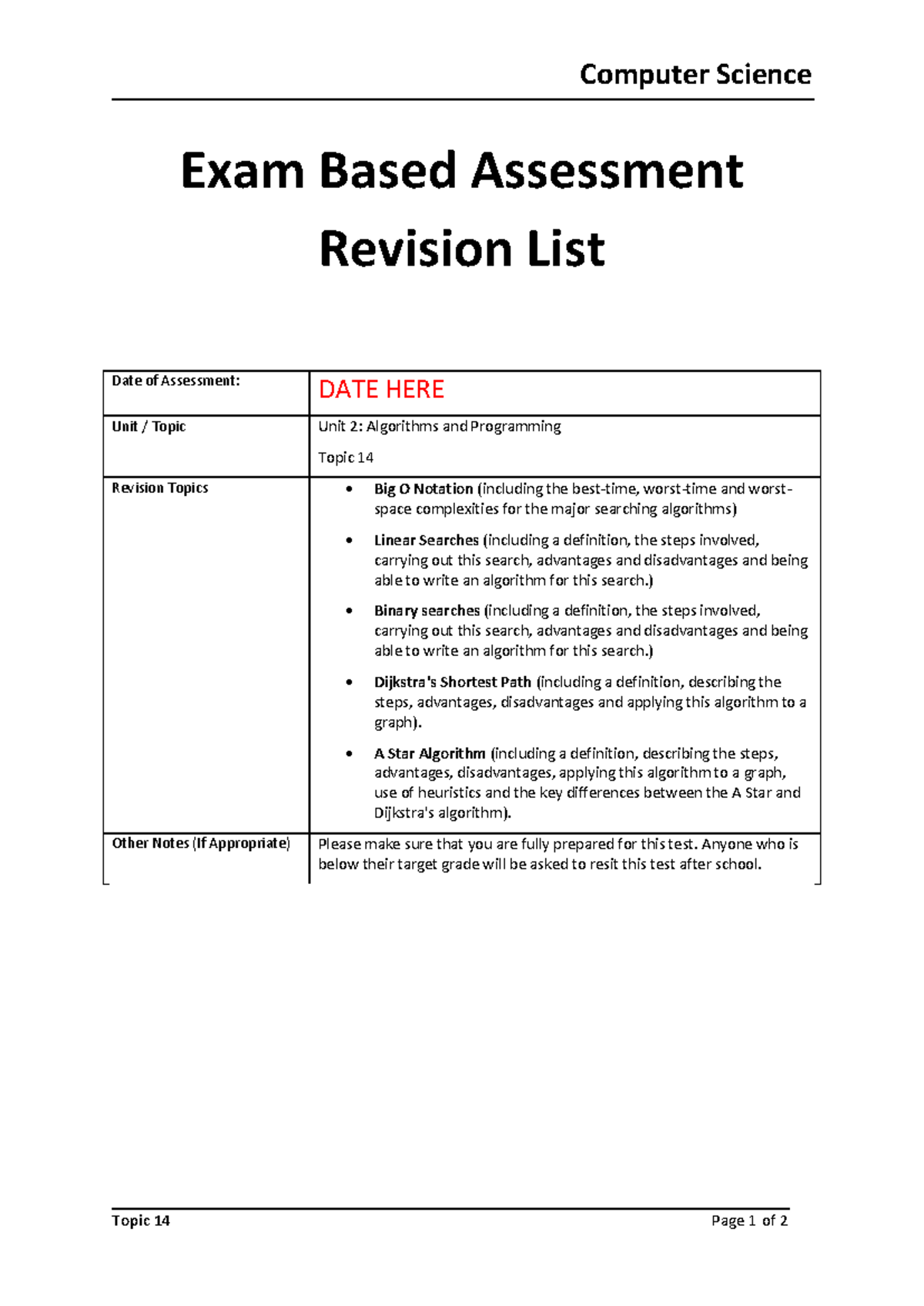 Revision List - Unit 2: Algorithms and Programming Topic 14 - Computer ...