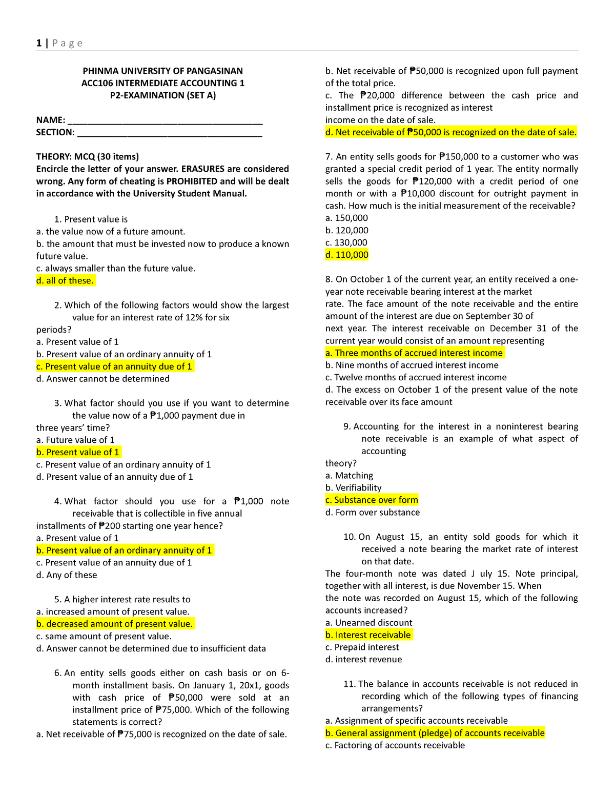 ACC106 P2 EXAM Answers SET A 4 - PHINMA UNIVERSITY OF PANGASINAN ACC106 ...