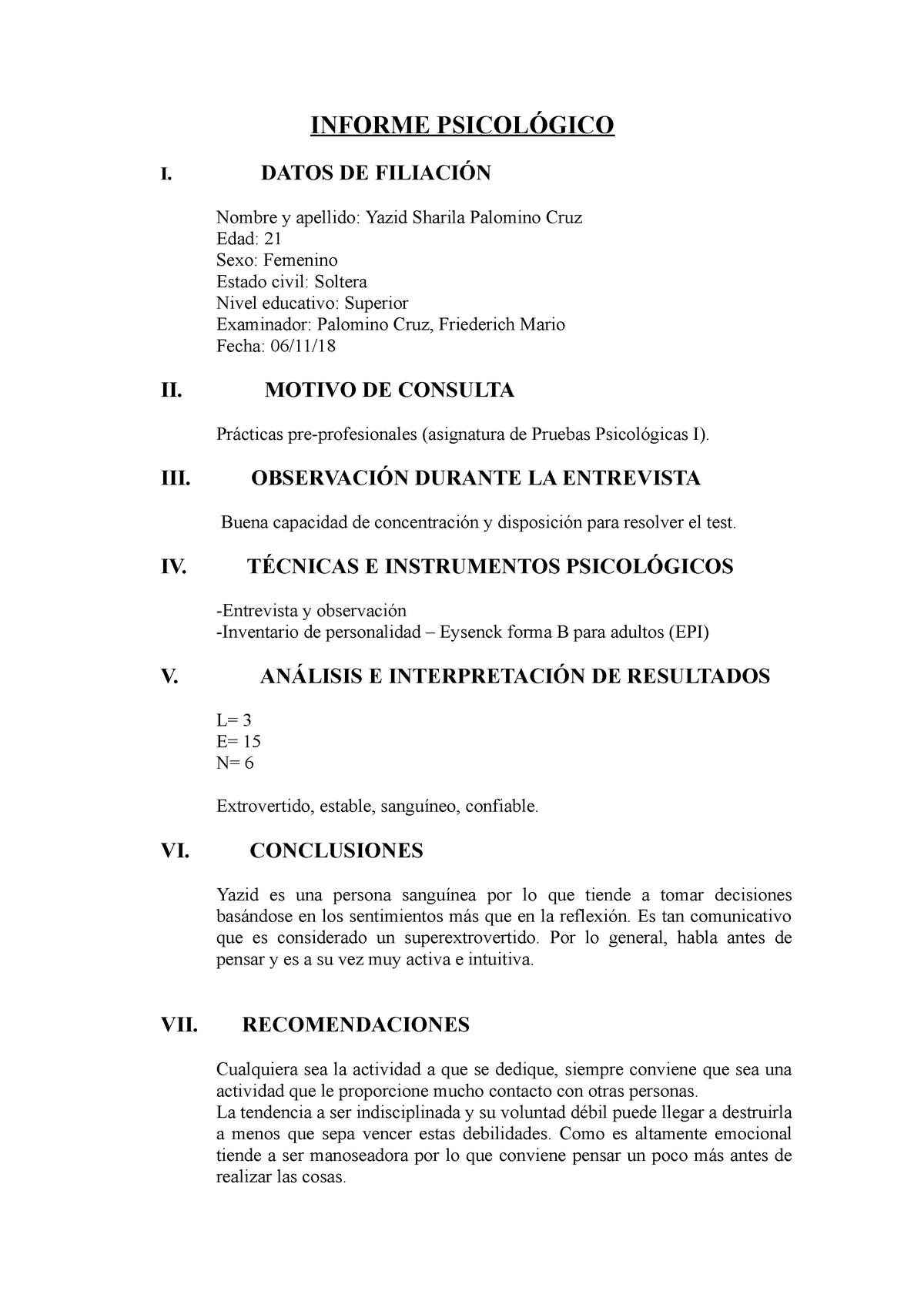 Informe Test Eysenck Forma B - I. DATOS DE FILIACIÓN Nombre Y Apellido ...