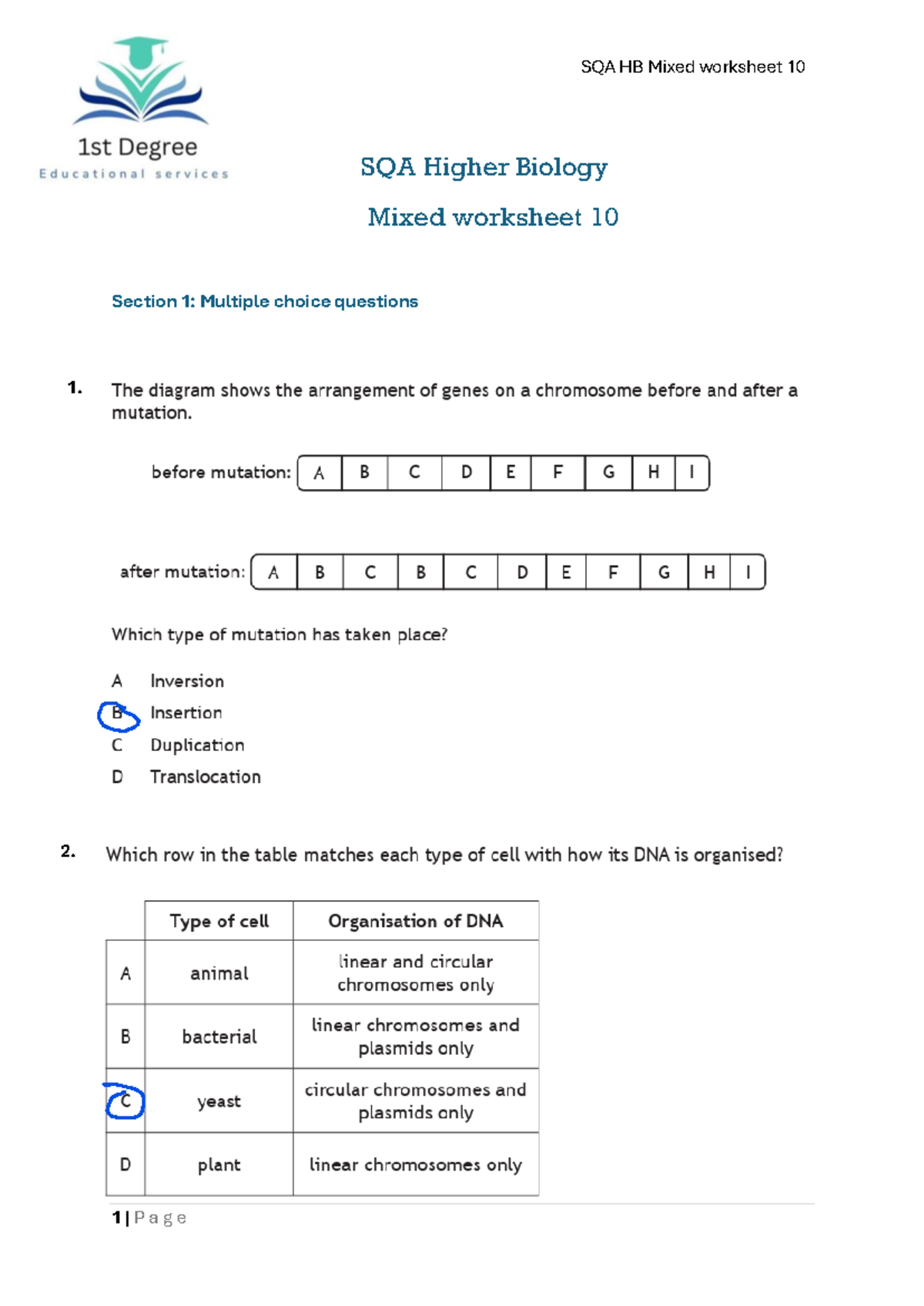 SQA Higher Biology Mixed worksheet SQA Higher Biology Mixed worksheet