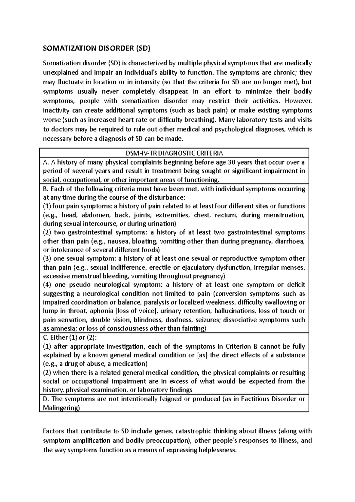 Somatization Disorder - SOMATIZATION DISORDER (SD) Somatization ...
