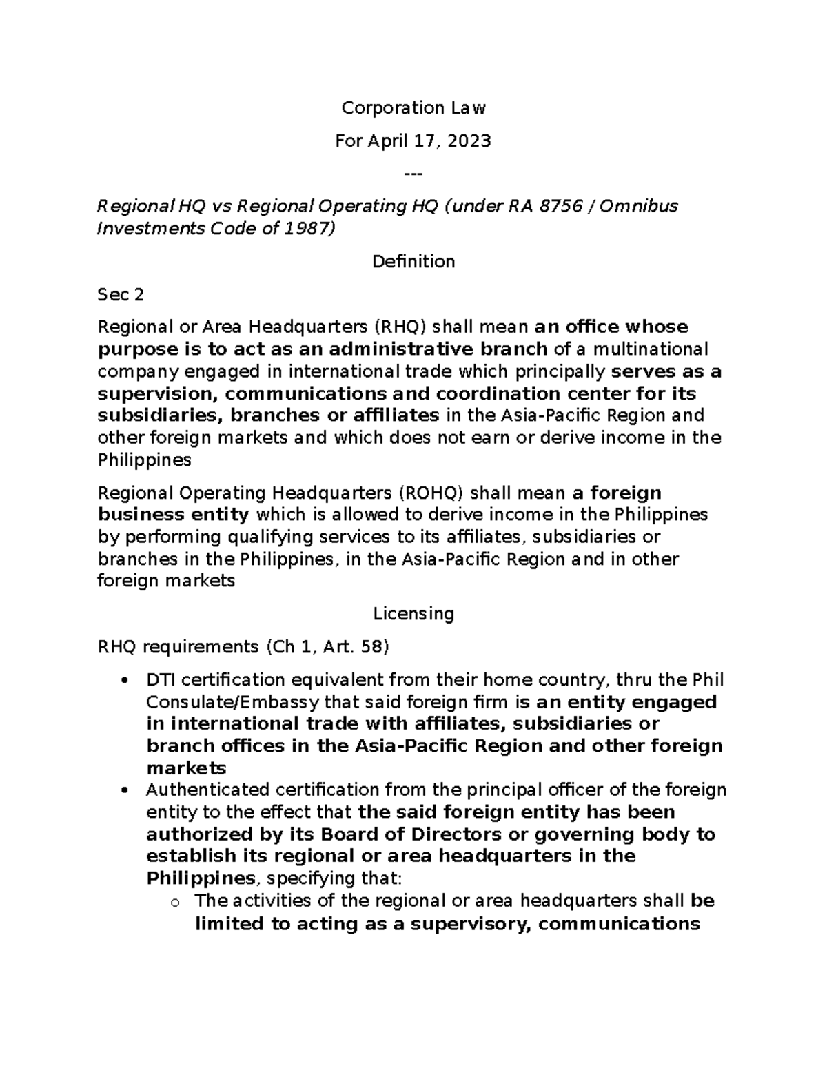 Corporation Law - Corporation Law For April 17, 2023 Regional HQ vs ...