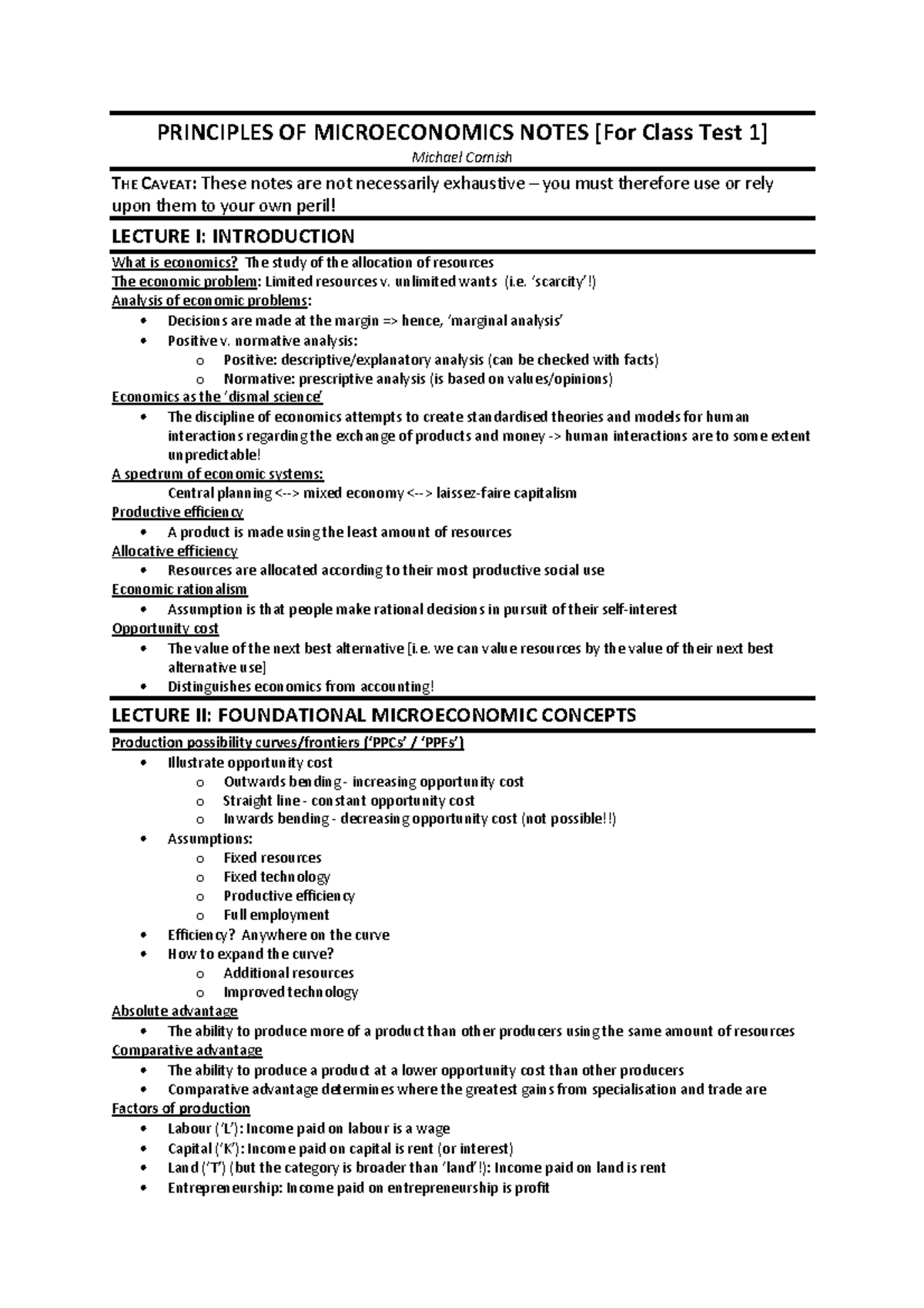 Principles of Microeconomics Notes for Class Test 1 - PRINCIPLES OF ...