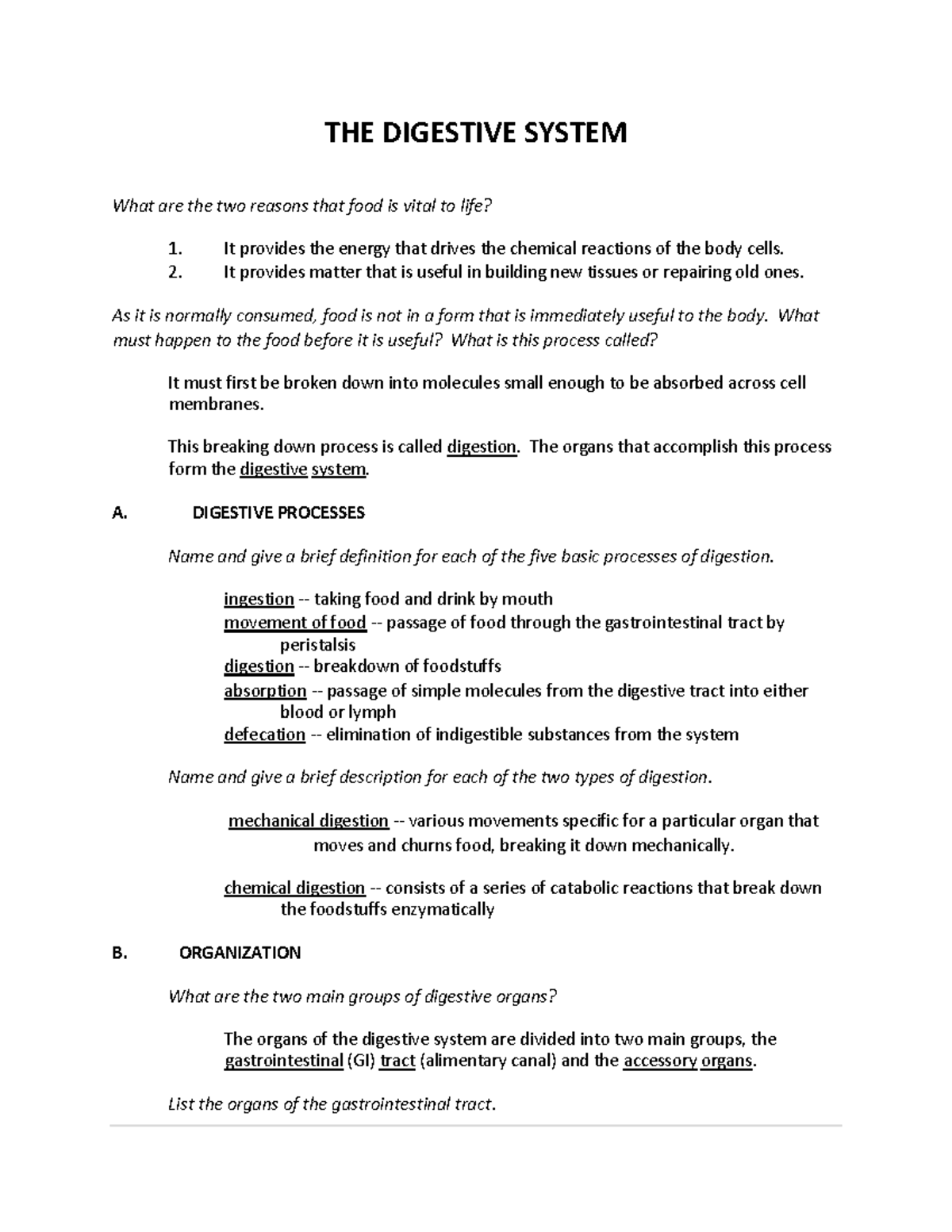 THE Digestive System Study Guide - THE DIGESTIVE SYSTEM What are the ...