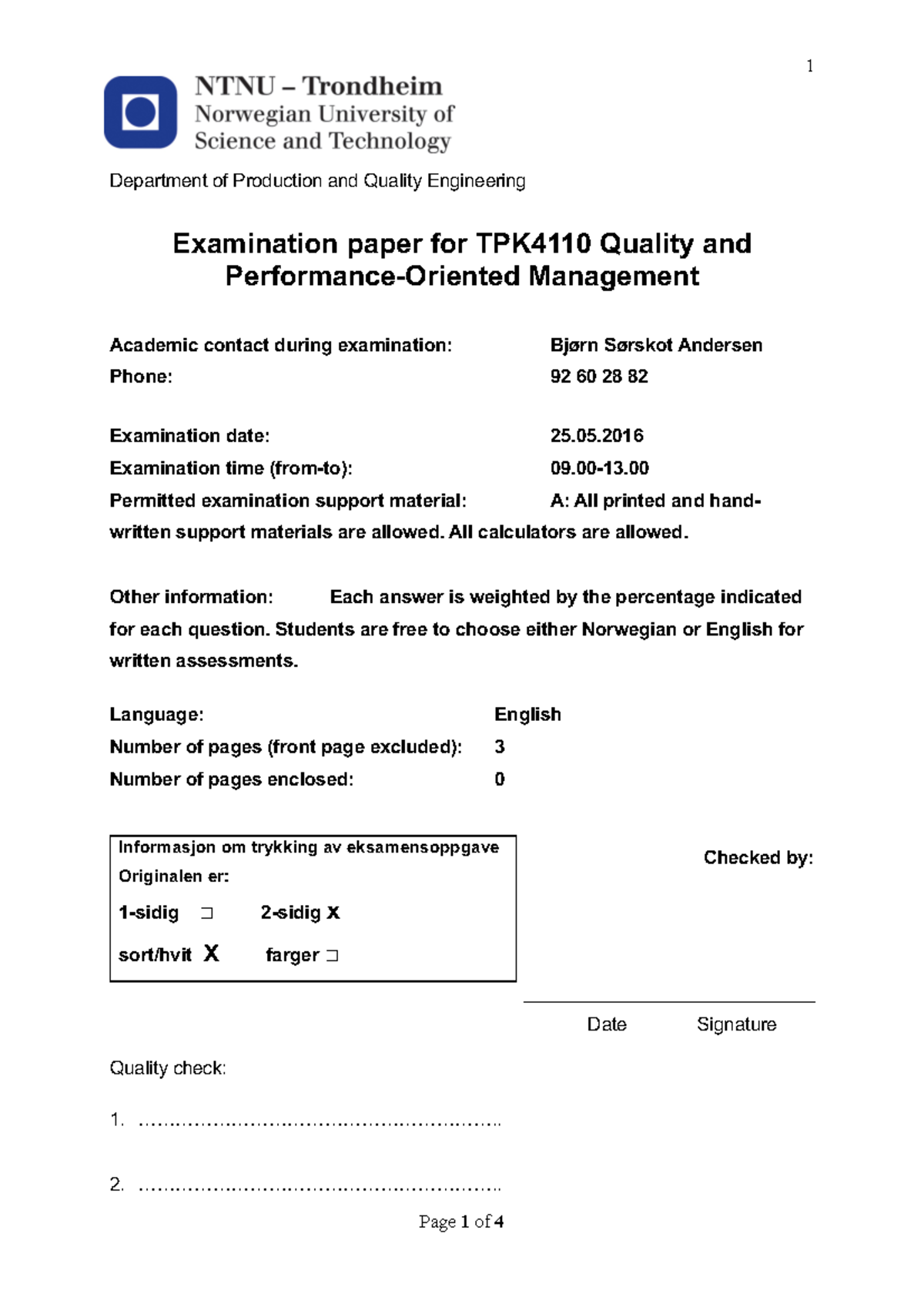 exam 2016 of quality management Department of Production and Quality