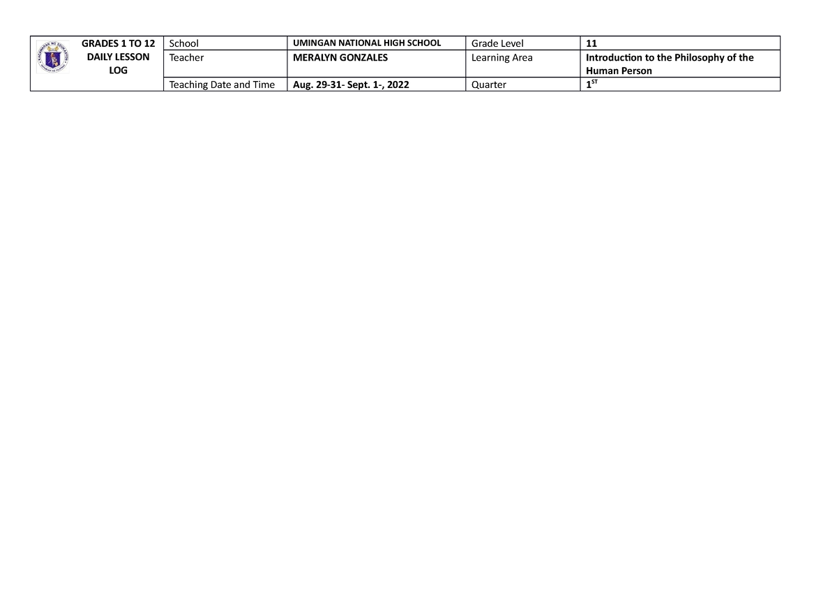 Dll - Quarter 1, Week 1, Intro To Philosophy - GRADES 1 TO 12 DAILY ...