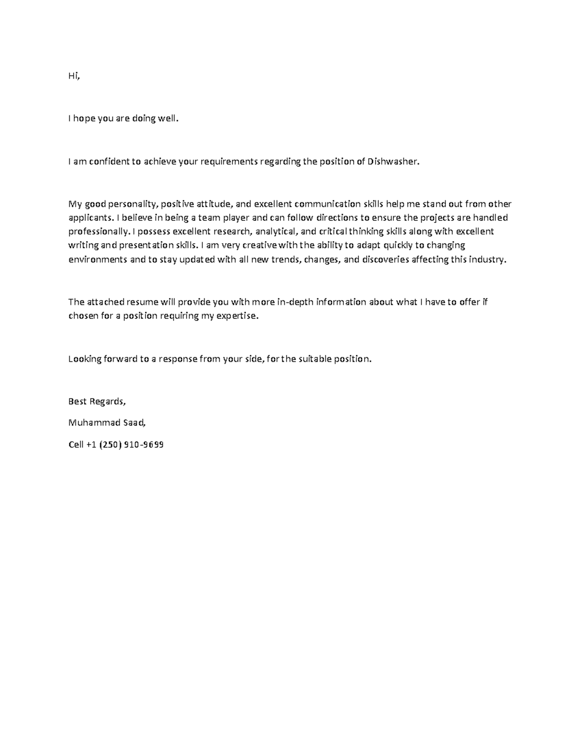 Muhammad Saad Cover Letter - Hi, I hope you are doing well. I am ...