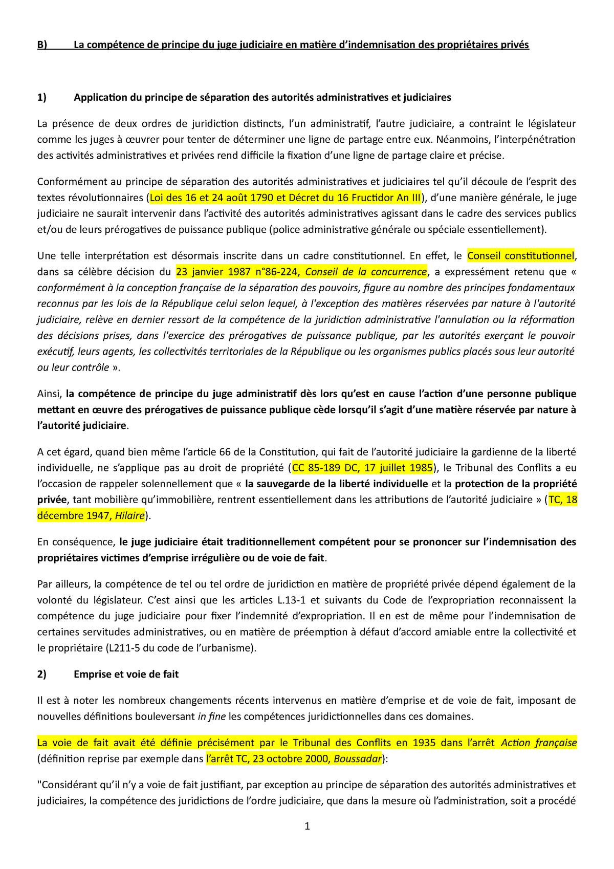 Séance 1 Emprise Et Voie De Fait - B) La Compétence De Principe Du Juge ...