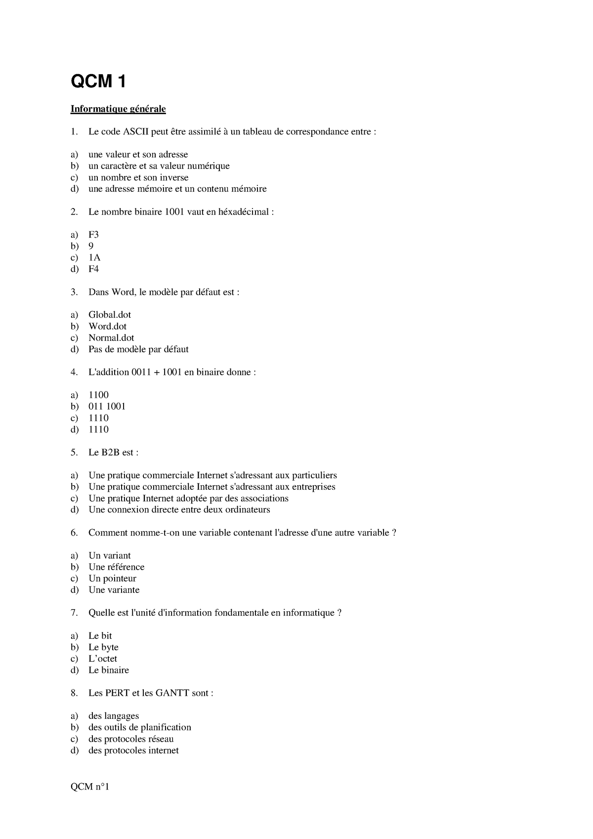 356304956-QCM1-pdf - Sss - QCM 1 Informatique Générale Le Code ASCII ...