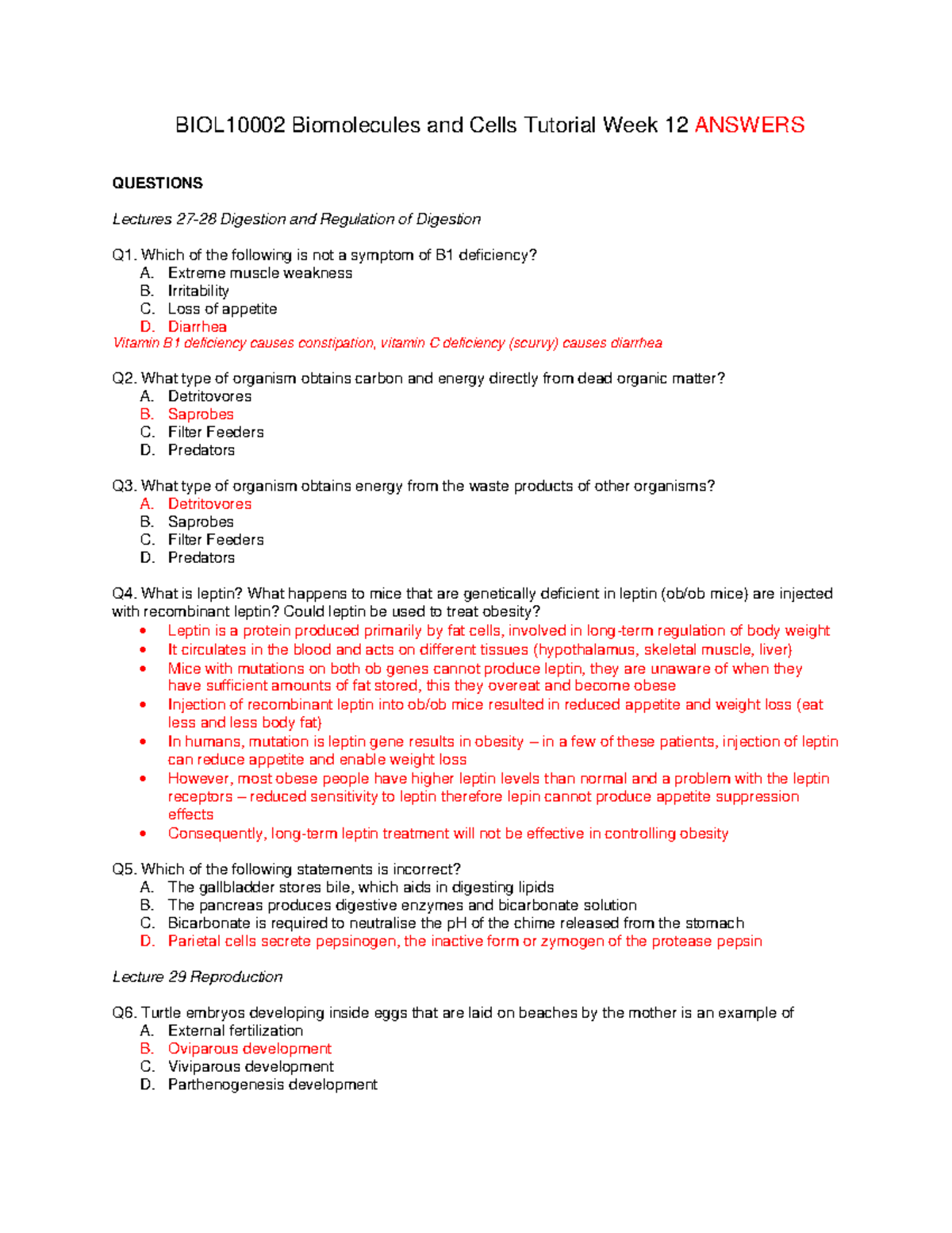 BIOL10002 Tutorial Week 12 Answers - BIOL10002 Biomolecules And Cells ...