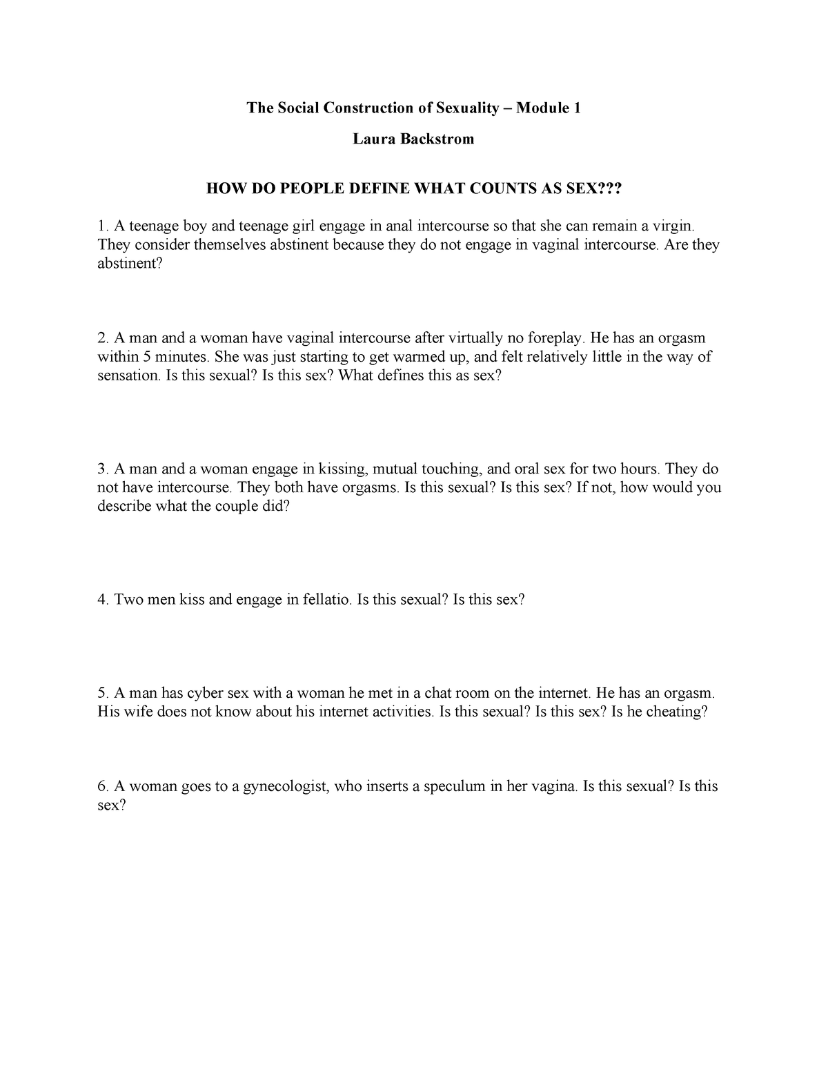 Sex Definitions Worksheet The Social Construction Of Sexuality Module 1 Laura Backstrom How 