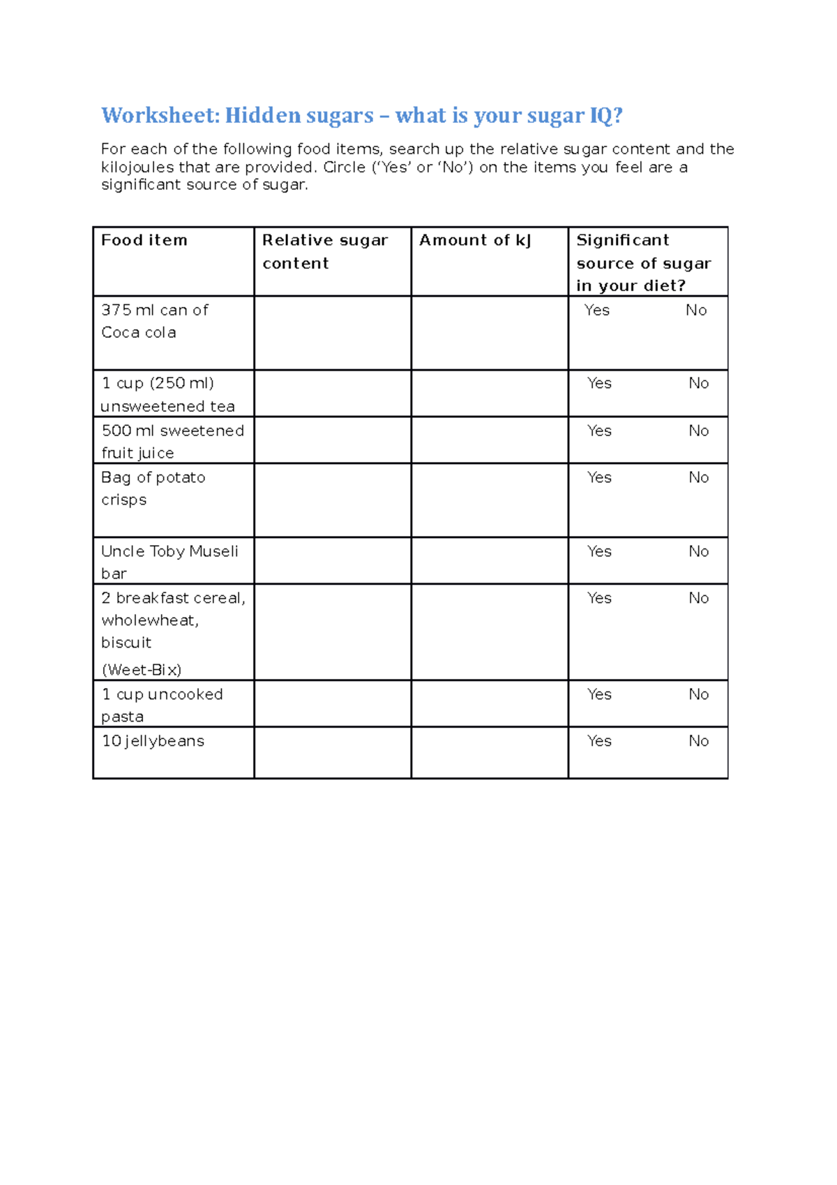 Sugar Worksheet EDGU1001 worksheet study material Worksheet Hidden