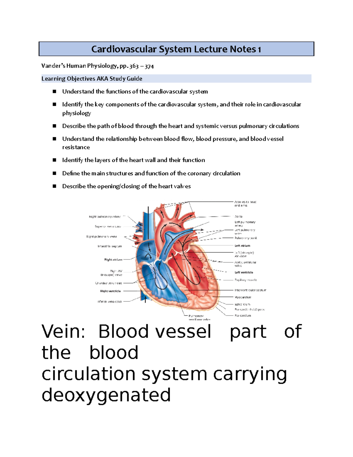 Patho- Cardio 1 - Cardiovascular System Lecture Notes 1 Vander’s Human ...
